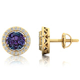 Round Solitaire Alexandrite Halo Diamond Stud Earrings - GeumJewels