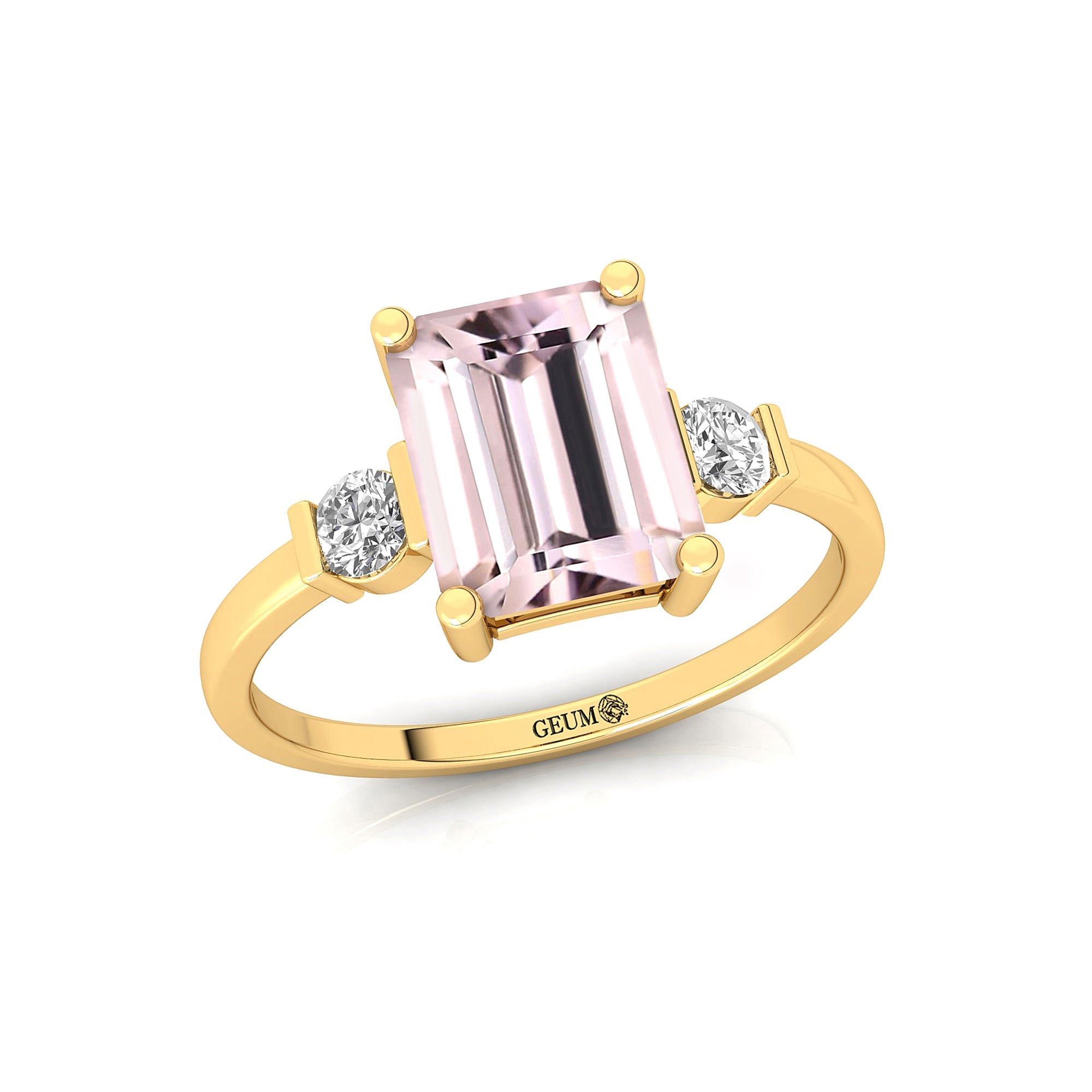 Emerald Cut Morganite and Diamond Three Stone Ring - GeumJewels