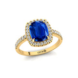 Elongated Cushion Halo Set Blue Sapphire Engagement Ring with Diamond Band - GeumJewels