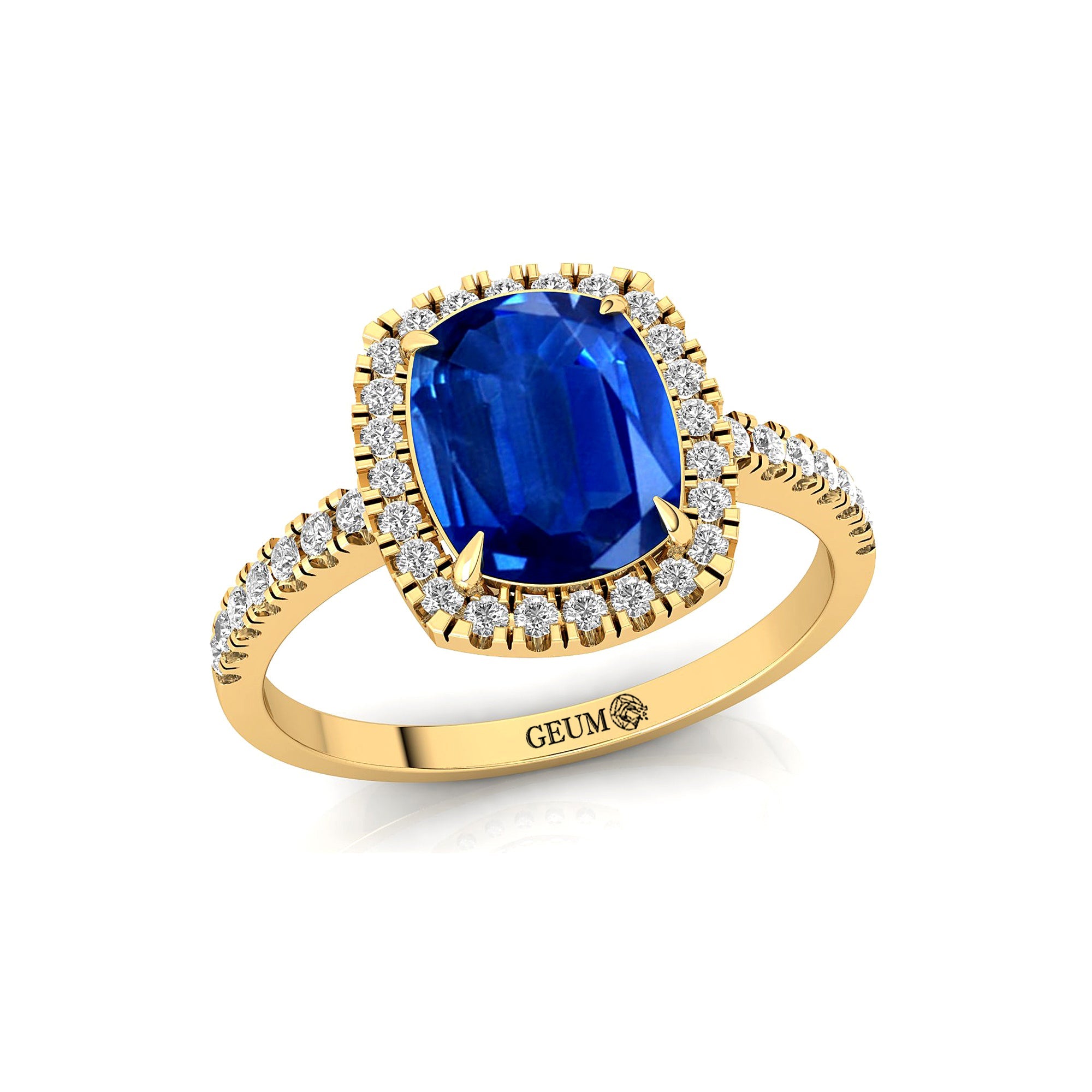 Elongated Cushion Halo Set Blue Sapphire Engagement Ring with Diamond Band - GeumJewels