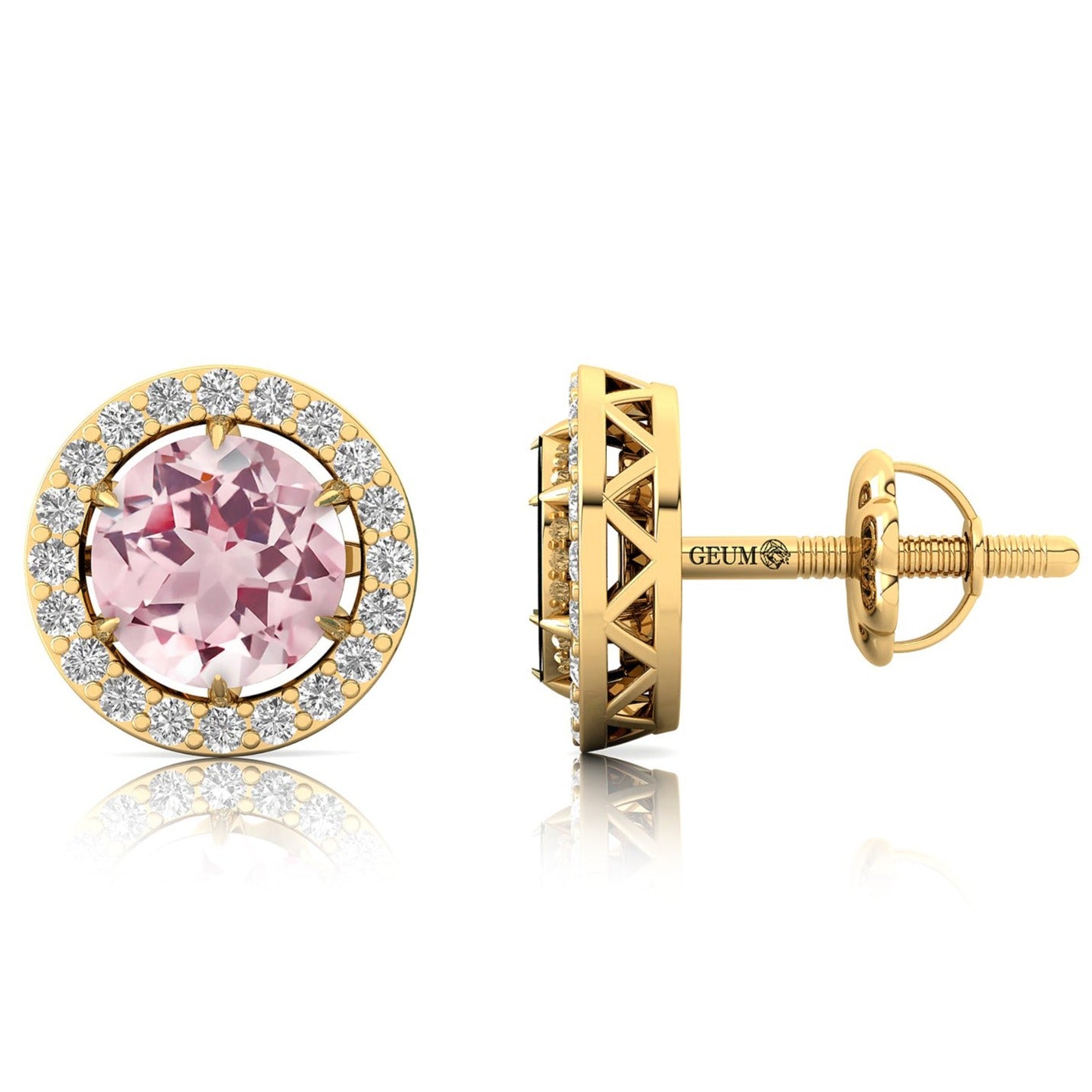 Round Solitaire Morganite Halo Diamond Stud Earrings - GeumJewels