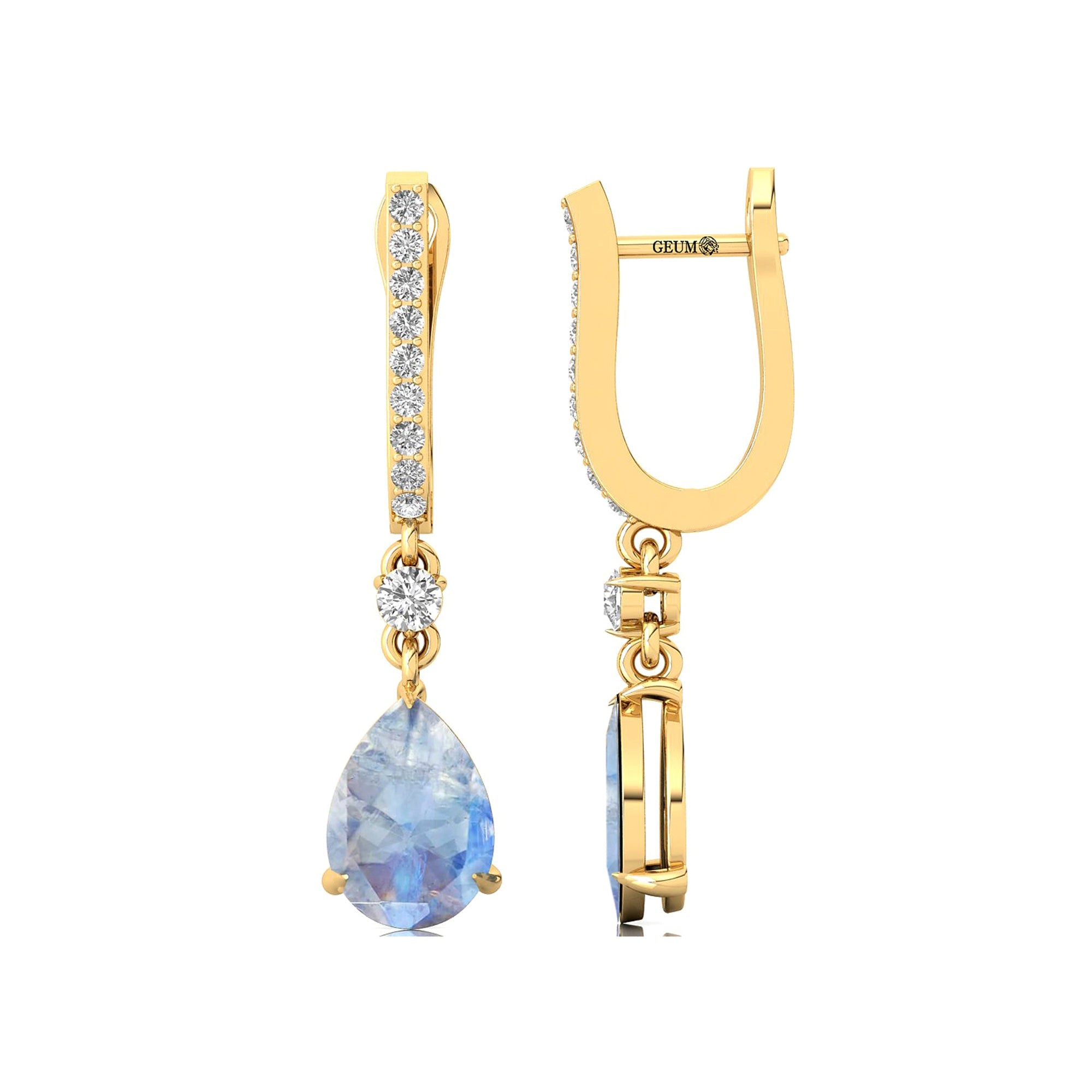 Lever Back Diamond Drop Earrings with Pear Cut Moonstone - GeumJewels