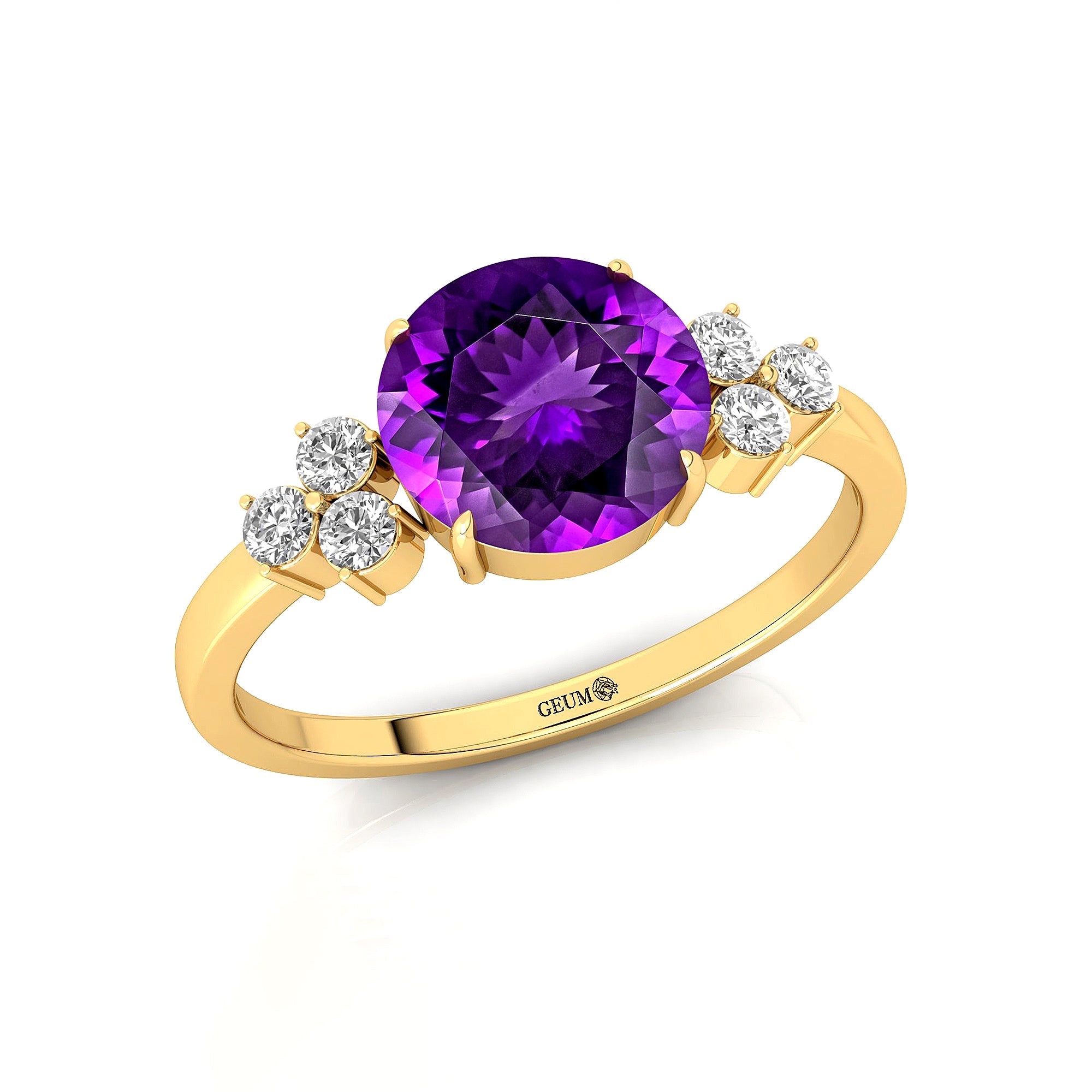 Trio Diamond Engagement Ring with Round Solitaire Amethyst - GeumJewels