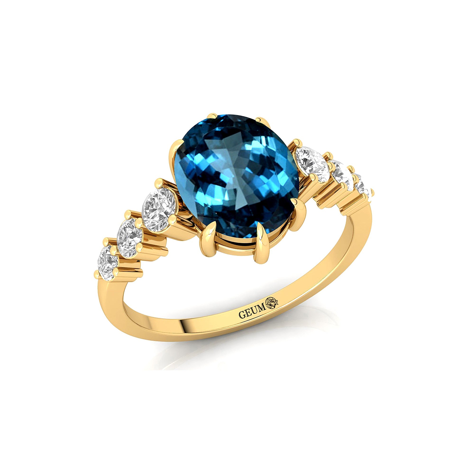 Oval Cut London Blue Topaz with Graduated Diamonds Ring - GeumJewels
