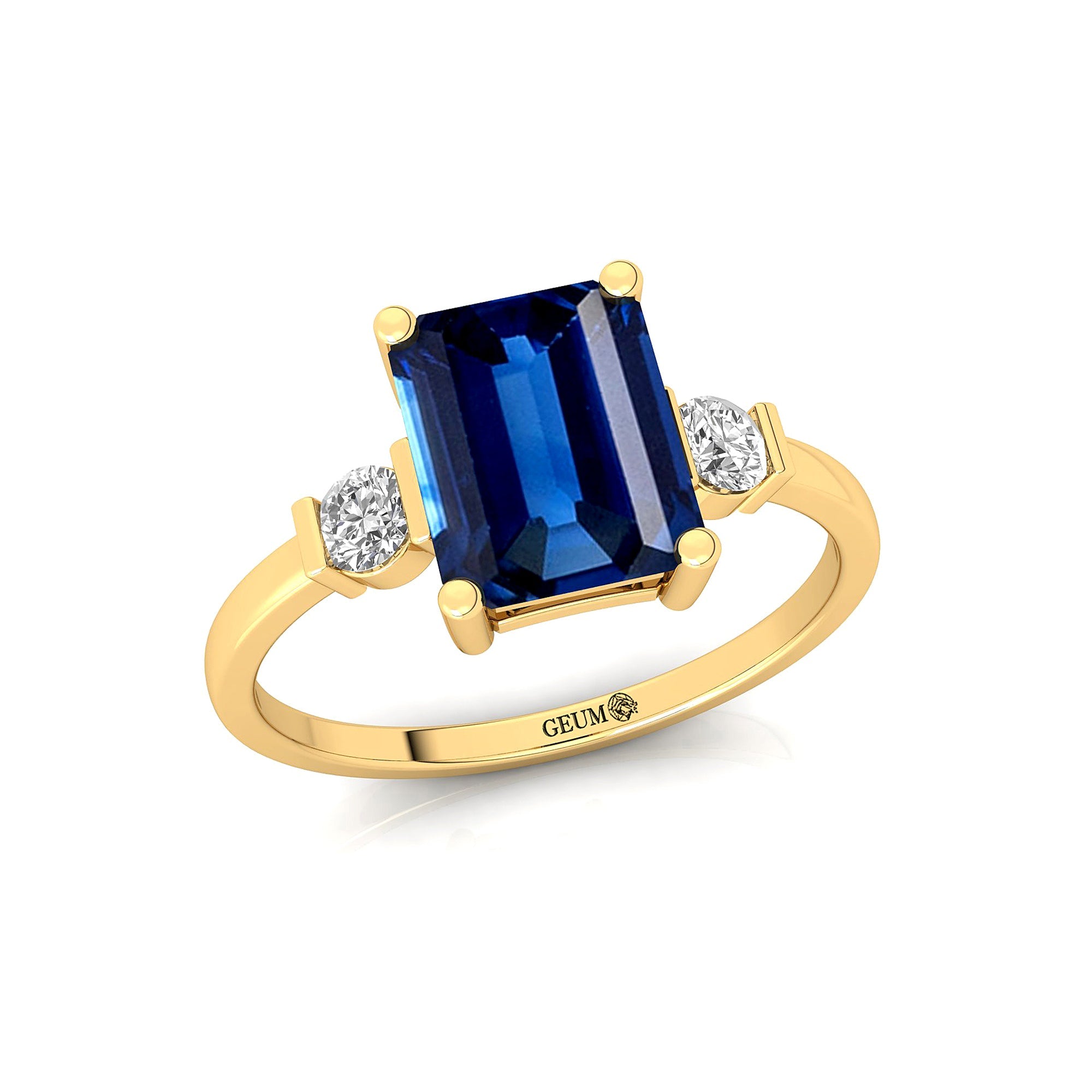 Emerald Cut Blue Sapphire and Diamond Three Stone Ring - GeumJewels