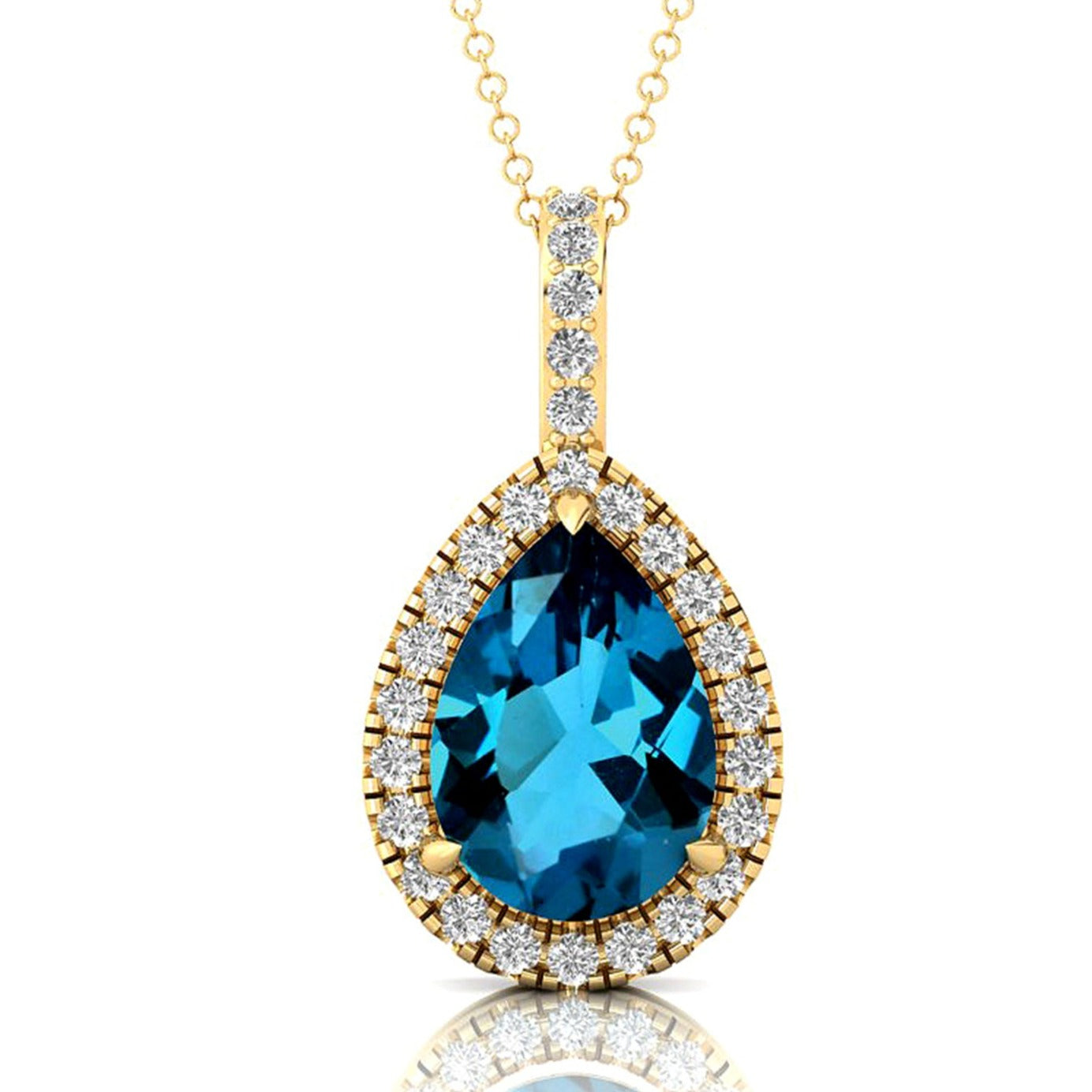 London Blue Topaz Teardrop Pendant with Diamond Halo - GeumJewels
