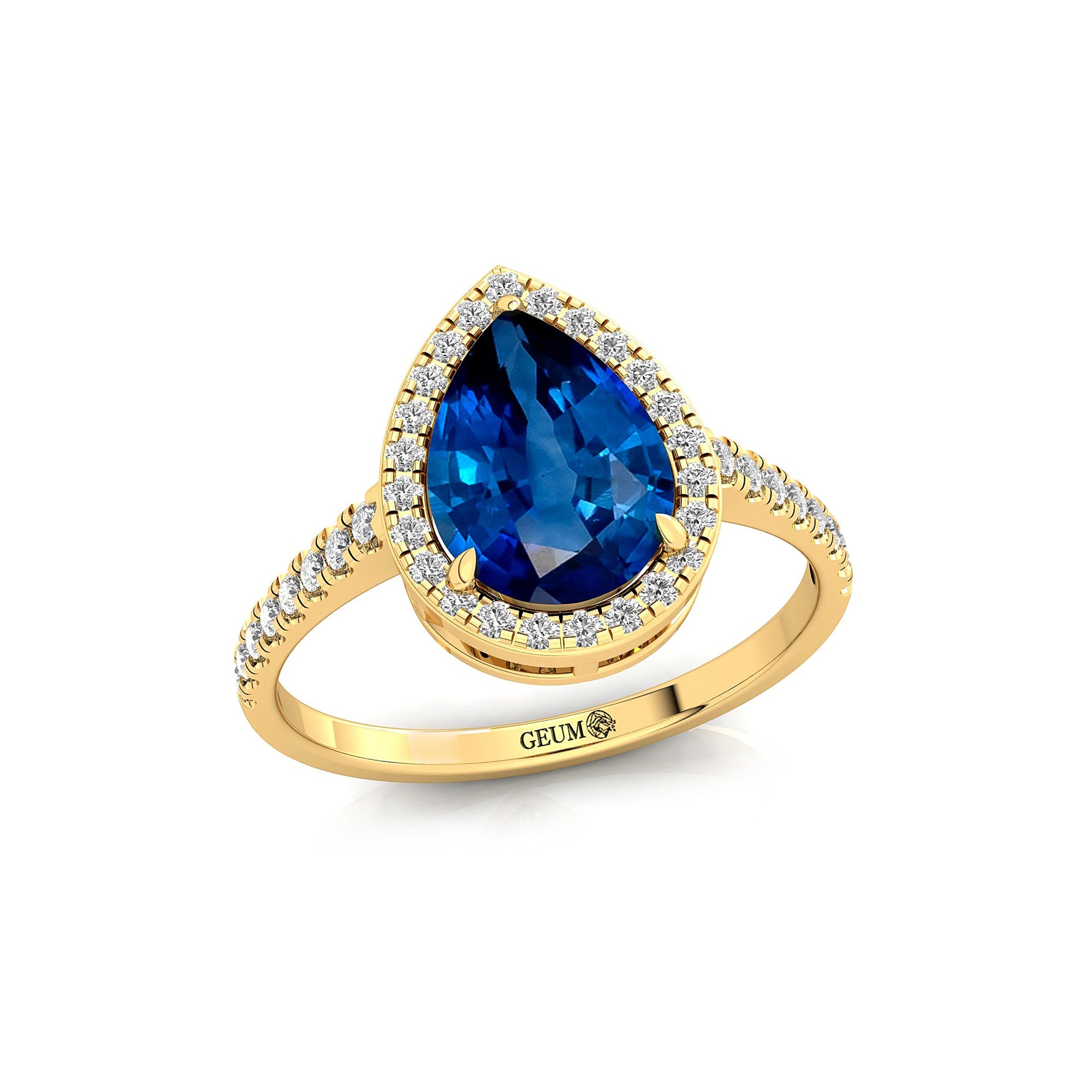 Classic Pear Shaped Blue Sapphire Halo Diamond Engagement Ring - GeumJewels