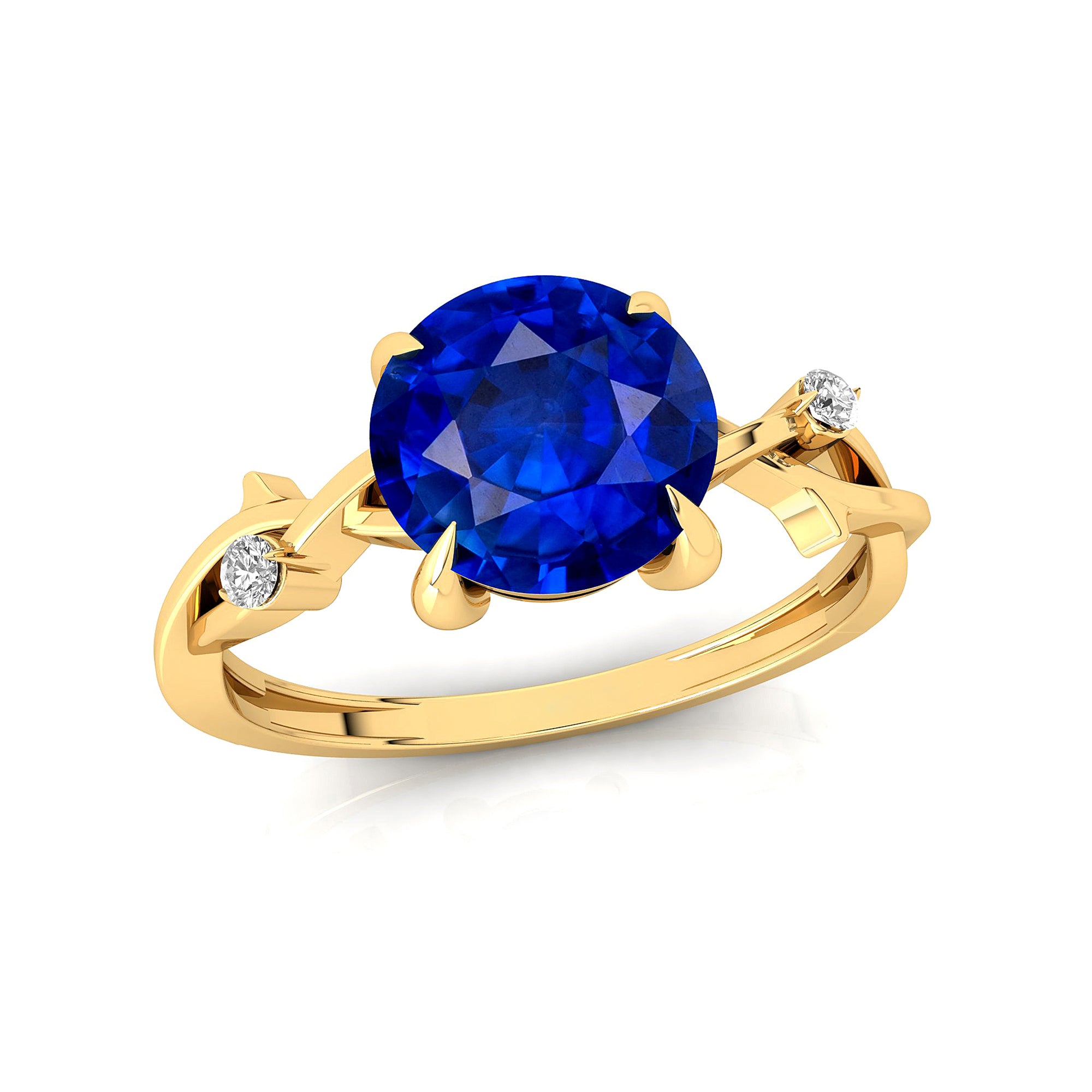 Criss Cross Nature Inspired Diamond Ring with Round Blue Sapphire - GeumJewels