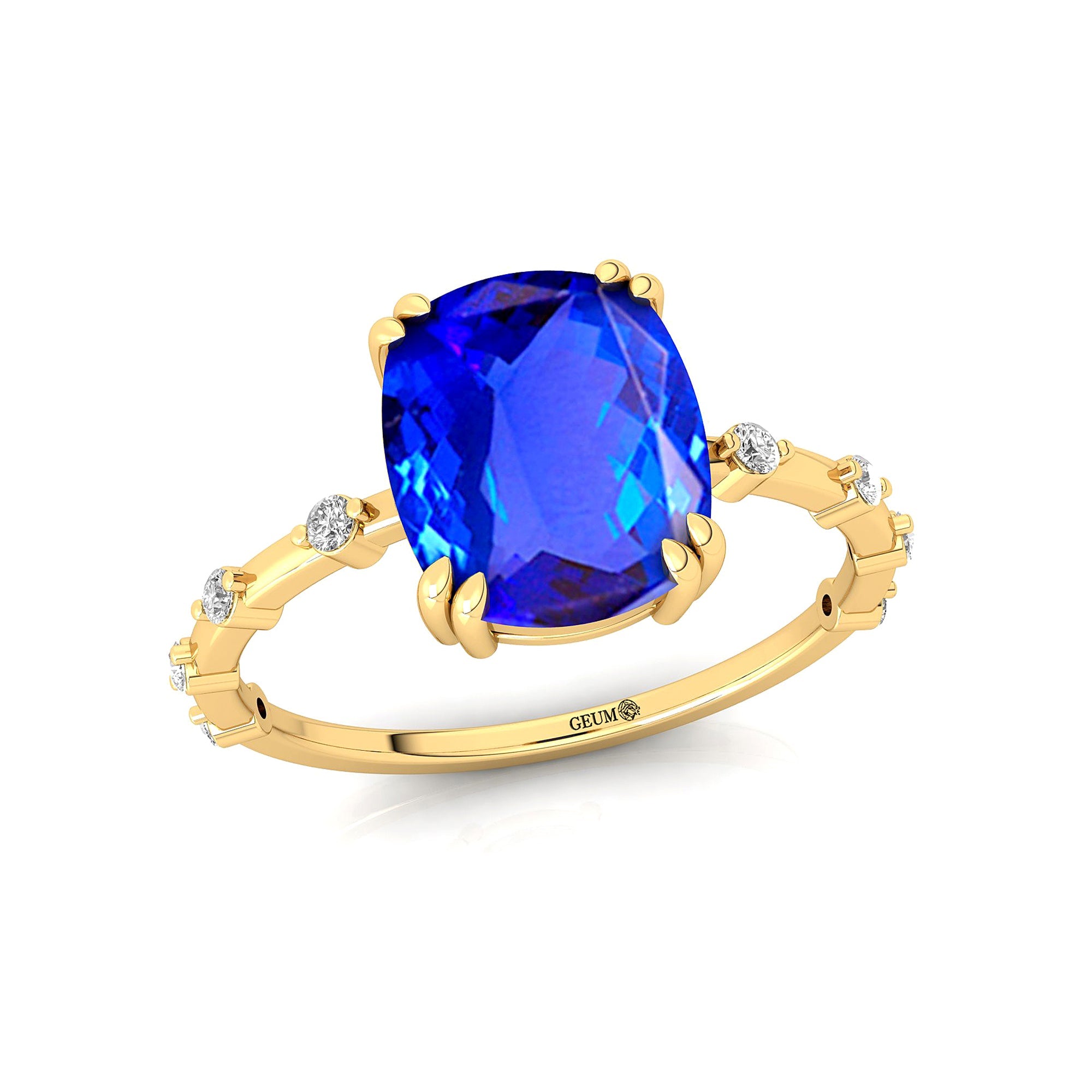 Cushion Cut Tanzanite Engagement Ring with Distant Diamond Band - GeumJewels