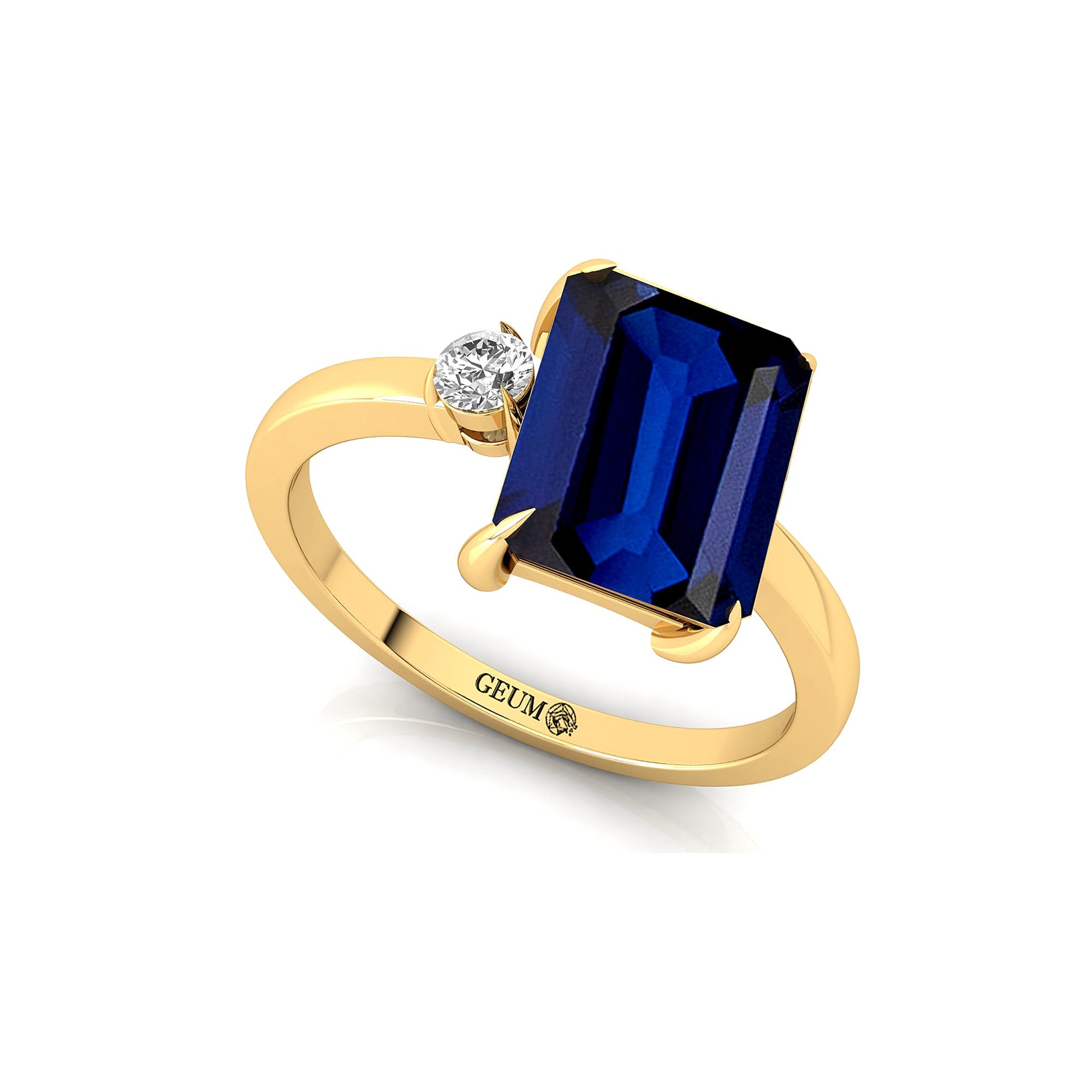 Emerald Shaped Blue Sapphire with 3mm Accent Solitaire Engagement Ring - GeumJewels
