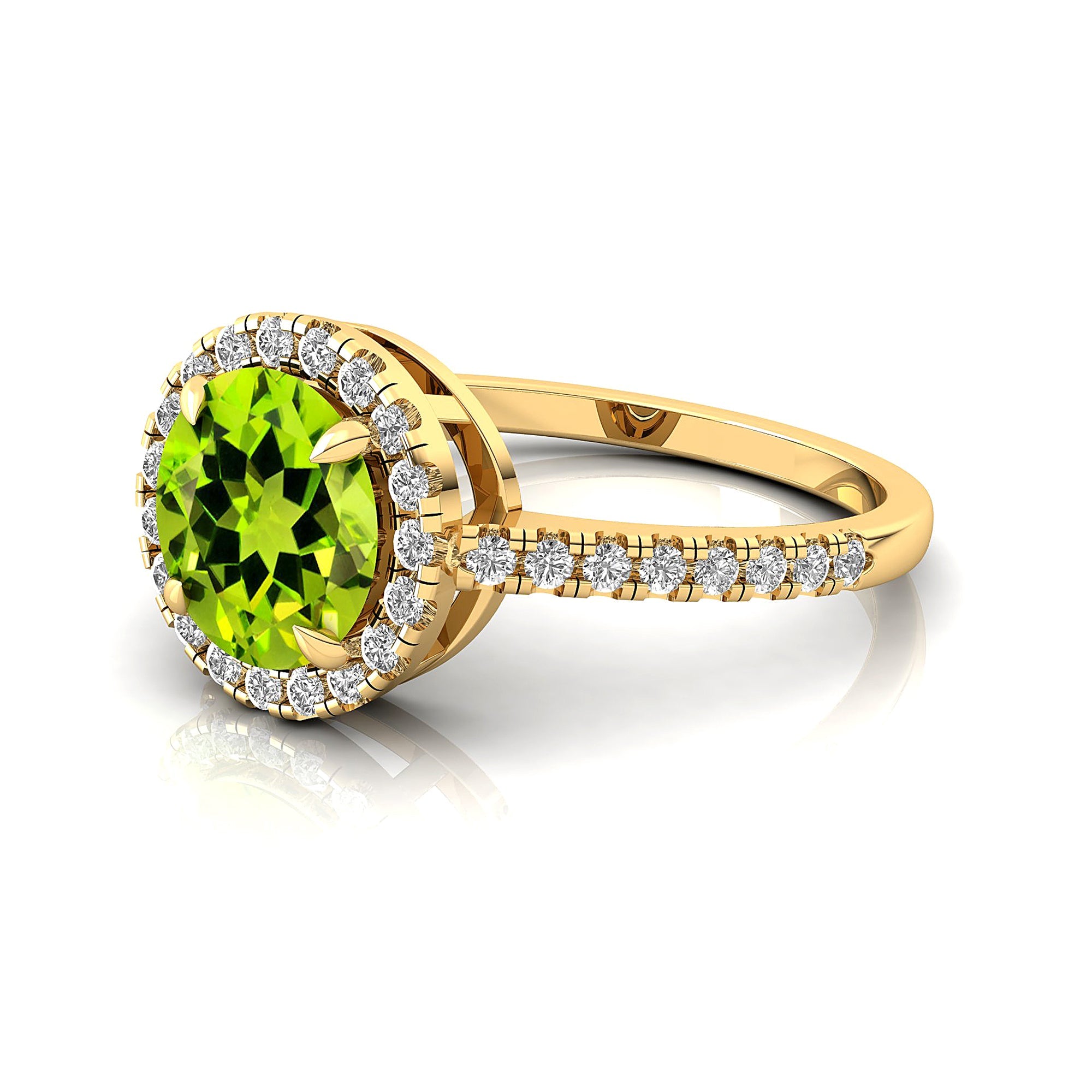 Classic Round Halo Diamonds with Solitaire Peridot Engagement Ring - GeumJewels