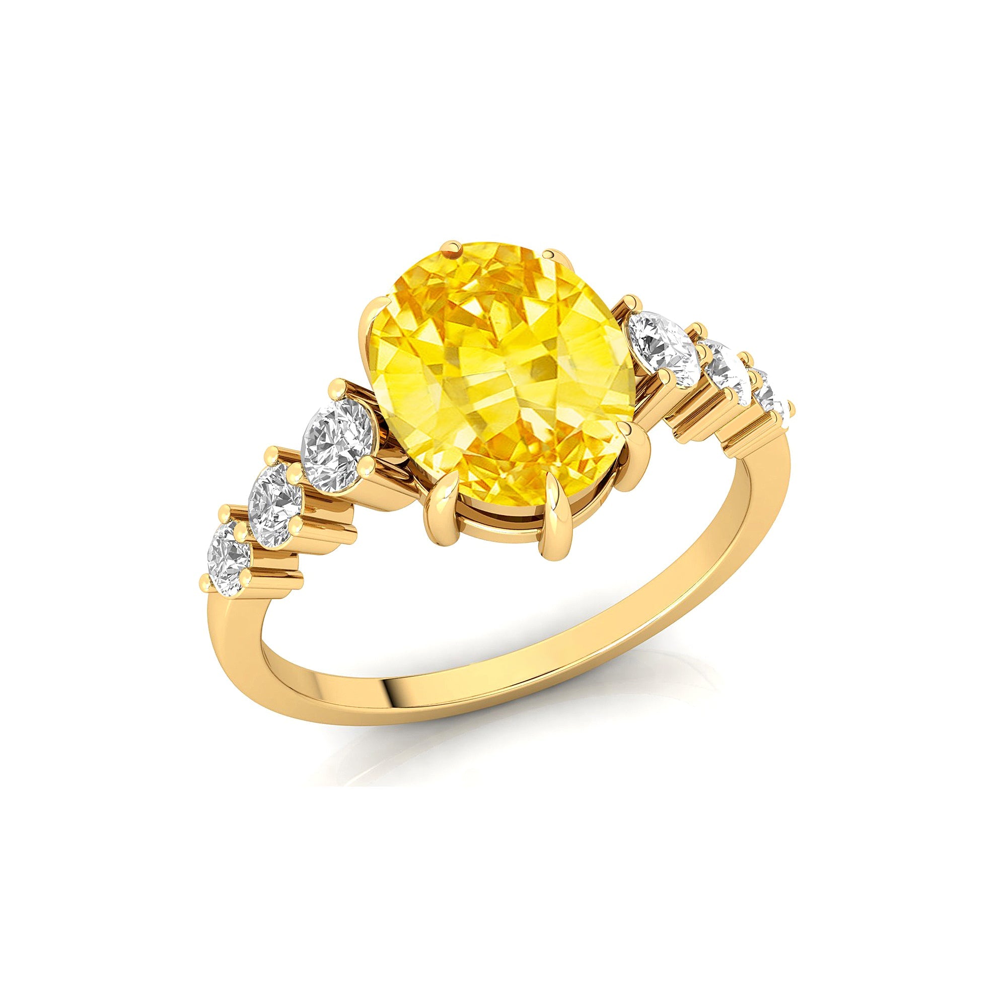 Oval Cut Yellow Sapphire with Graduated Diamonds Ring - GeumJewels