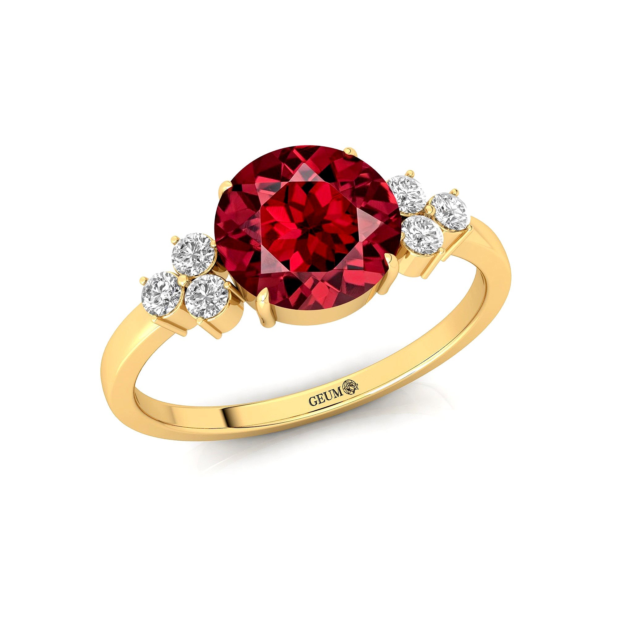 Trio Diamond Engagement Ring with Round Solitaire Garnet - GeumJewels
