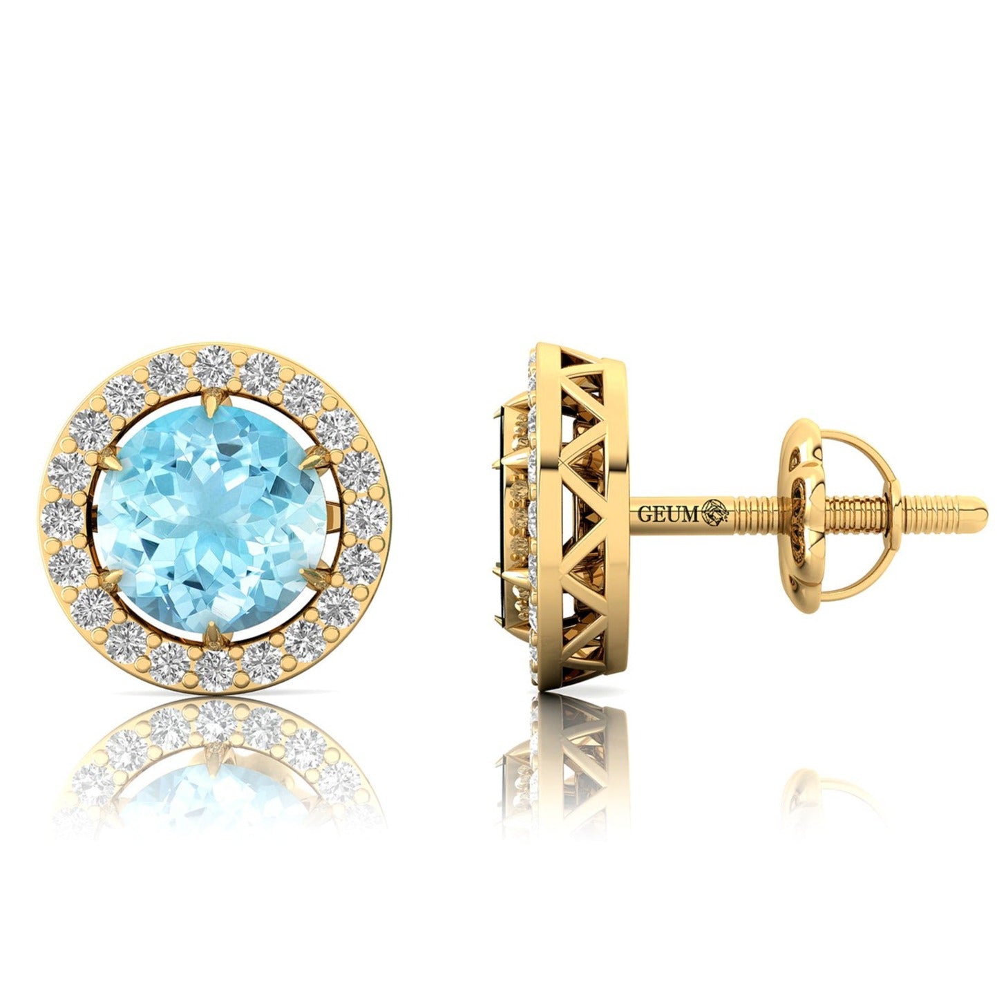 Round Solitaire Aquamarine Halo Diamond Stud Earrings - GeumJewels