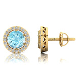 Round Solitaire Aquamarine Halo Diamond Stud Earrings - GeumJewels