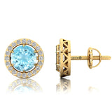 Round Solitaire Aquamarine Halo Diamond Stud Earrings - GeumJewels
