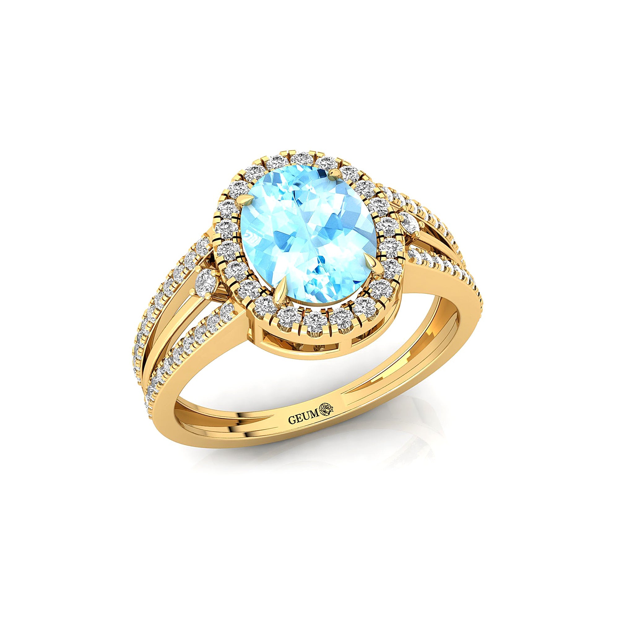 Solitaire Oval Aquamarine Split Shank Diamond Engagement Ring - GeumJewels