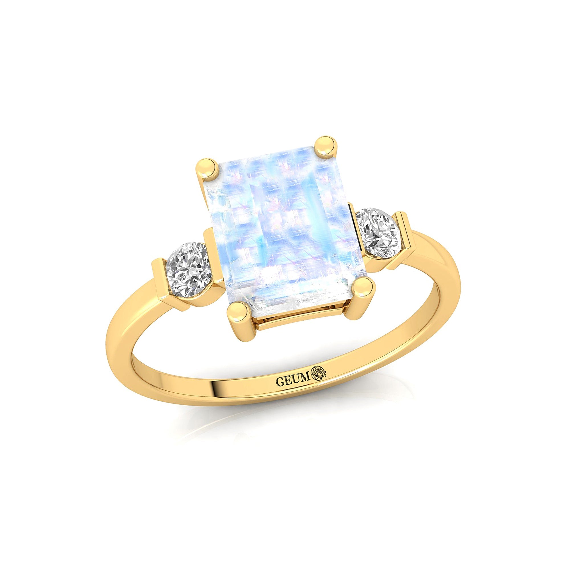 Emerald Cut Moonstone and Diamond Three Stone Ring - GeumJewels