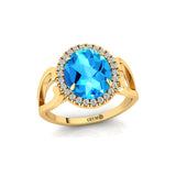 Vintage Love Inspired Oval Swiss Blue Topaz Halo Diamond Engagement Ring - GeumJewels