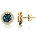 Round Solitaire London Blue Topaz Halo Diamond Stud Earrings - GeumJewels