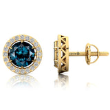 Round Solitaire London Blue Topaz Halo Diamond Stud Earrings - GeumJewels