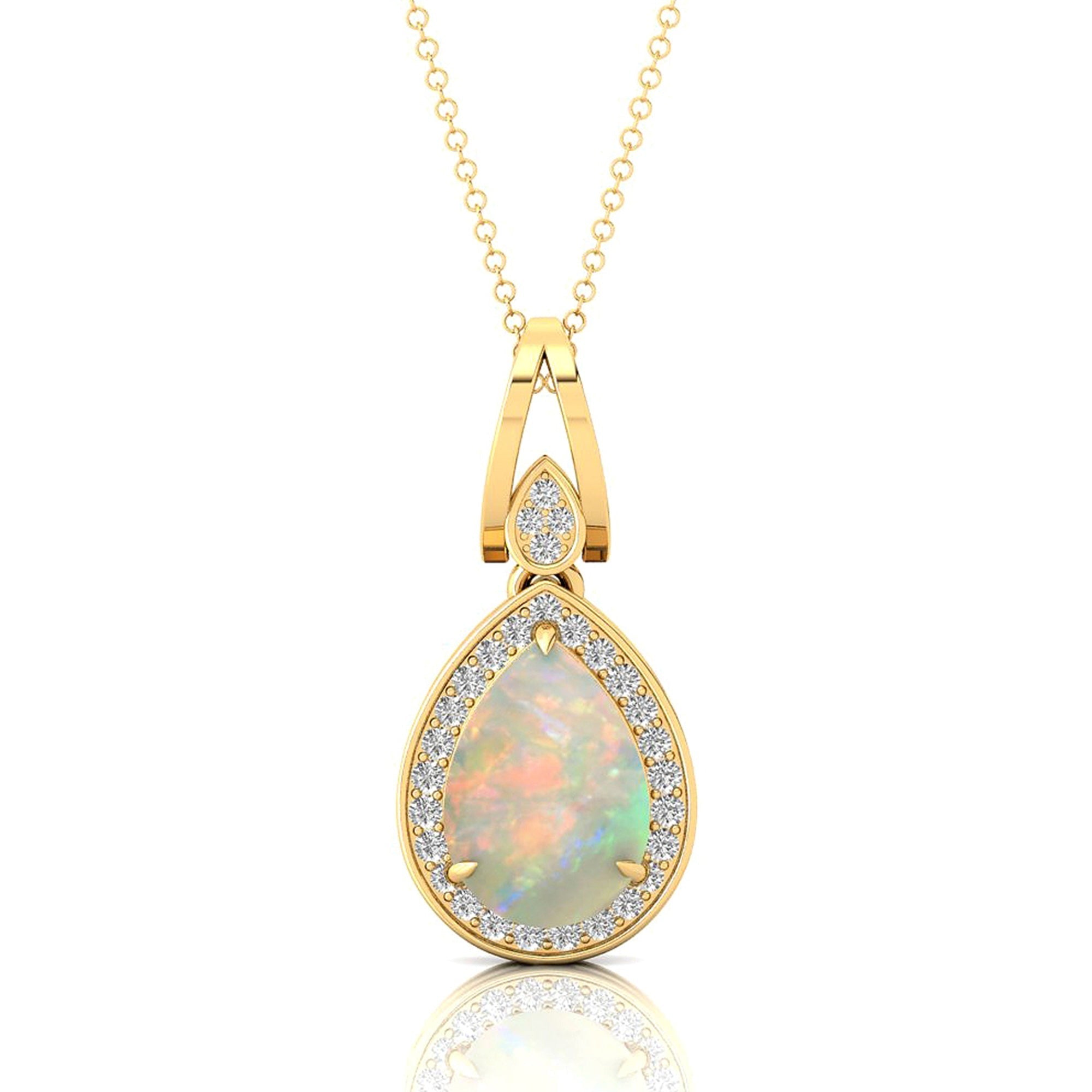 Classic Teardrop Shaped Opal Halo Diamond Dangle Pendant - GeumJewels