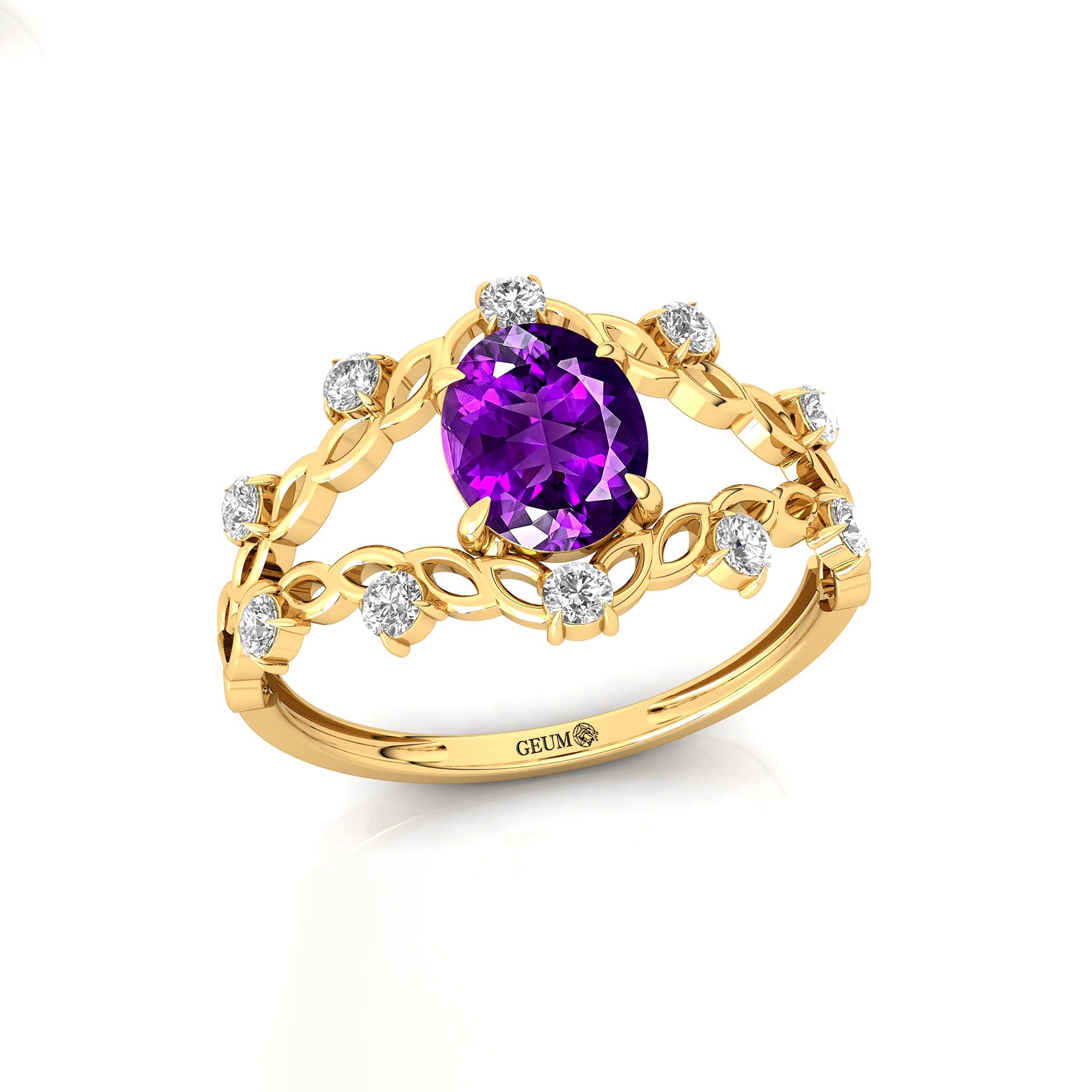 Flower Inspired Ring with Oval Shaped Amethyst and Accent Diamonds - GeumJewels