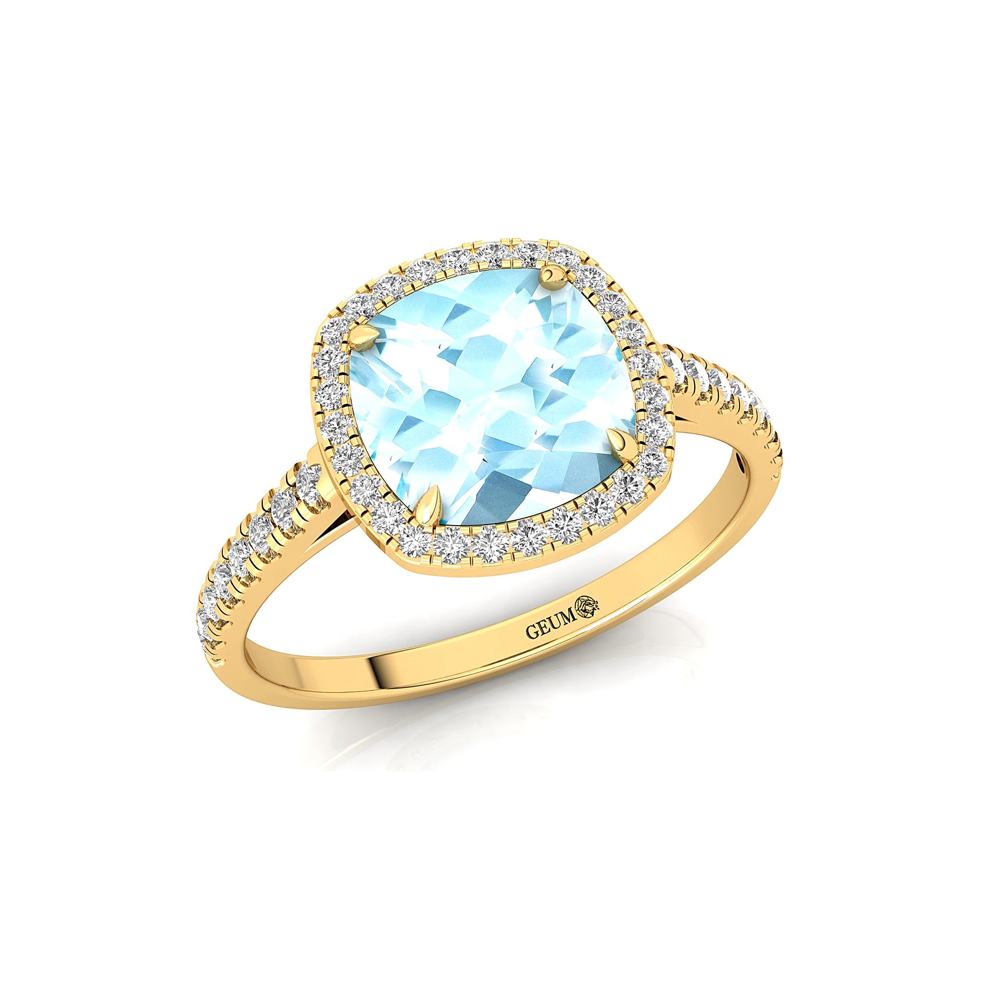 Halo Diamond Engagement Ring with Cushion Cut Aquamarine - GeumJewels