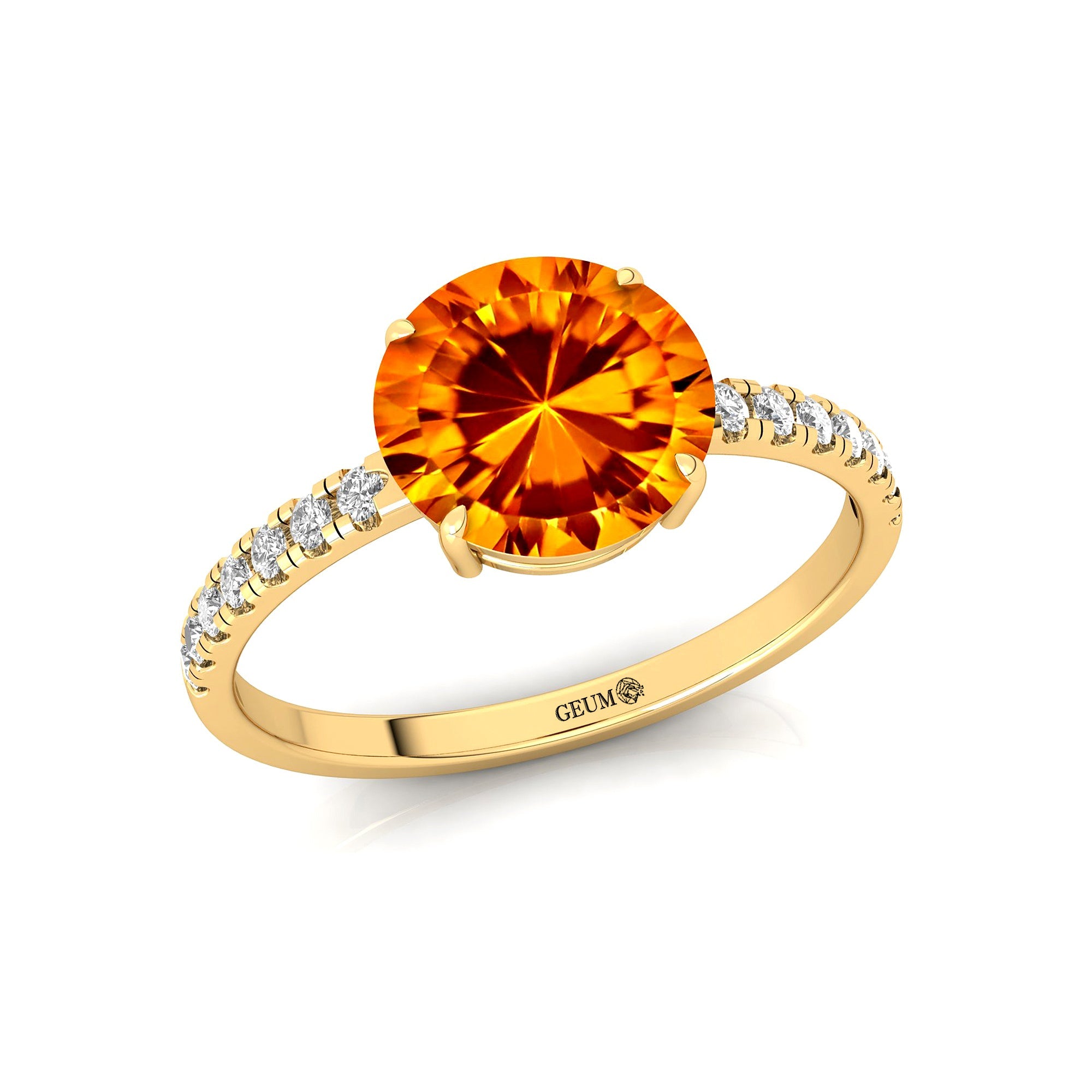 Classic Six Prong Round Solitaire Citrine Ring with Accent Diamond Band - GeumJewels
