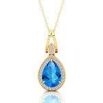 Classic Teardrop Shaped Swiss Blue Topaz Halo Diamond Dangle Pendant - GeumJewels