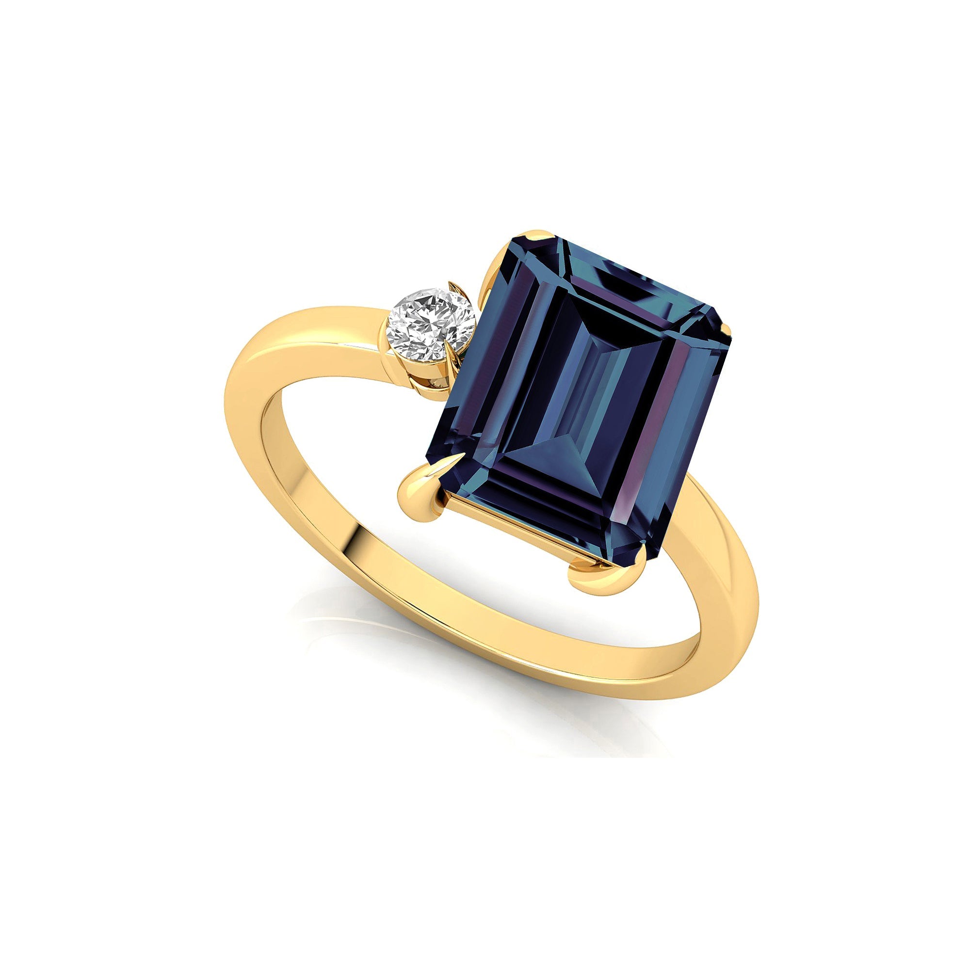 Emerald Shaped Alexandrite with 3mm Accent Solitaire Engagement Ring - GeumJewels