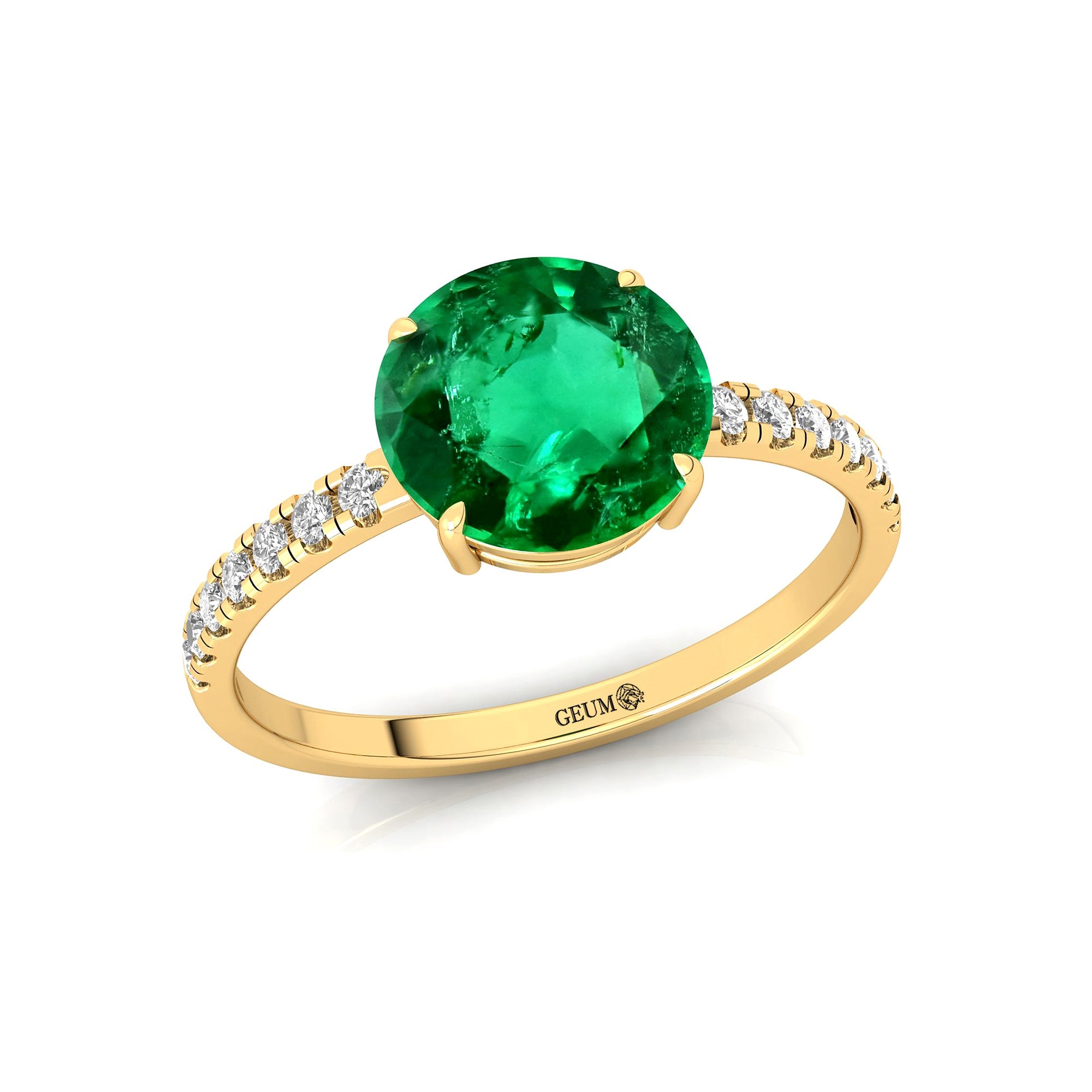 Classic Six Prong Round Solitaire Emerald Ring with Accent Diamond Band - GeumJewels