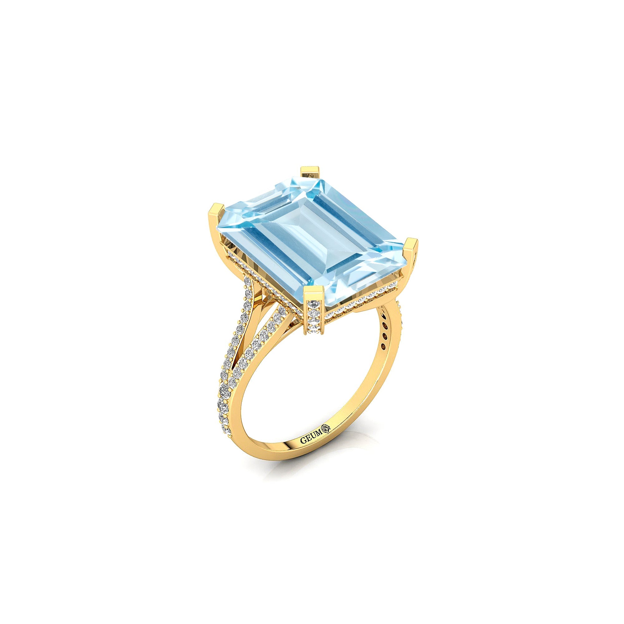 Emerald Cut Aquamarine Split Shank Engagement Ring with Diamonds - GeumJewels