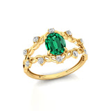 Flower Inspired Ring with Oval Shaped Emerald and Accent Diamonds - GeumJewels