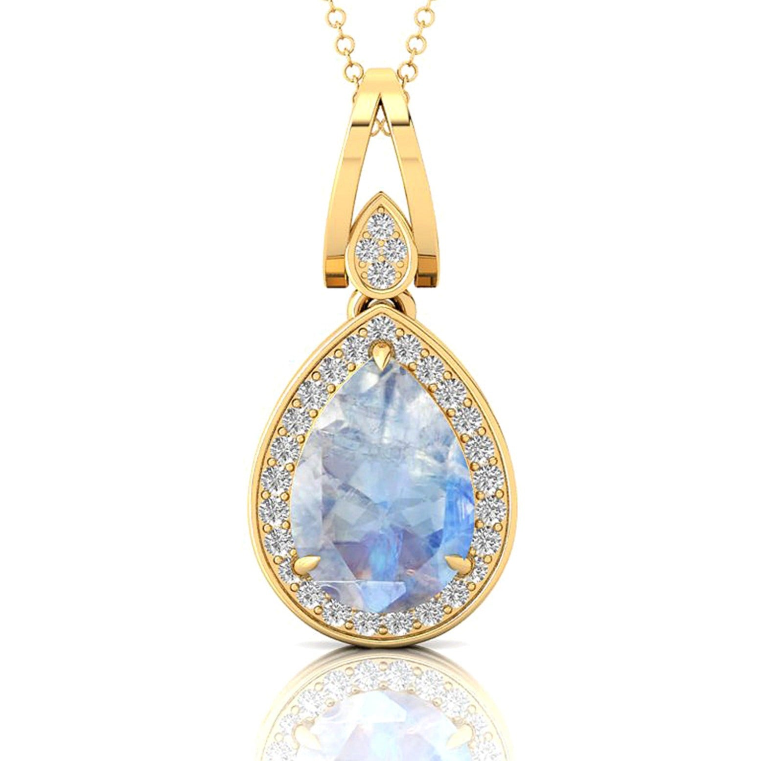 Classic Teardrop Shaped Moonstone Halo Diamond Dangle Pendant - GeumJewels