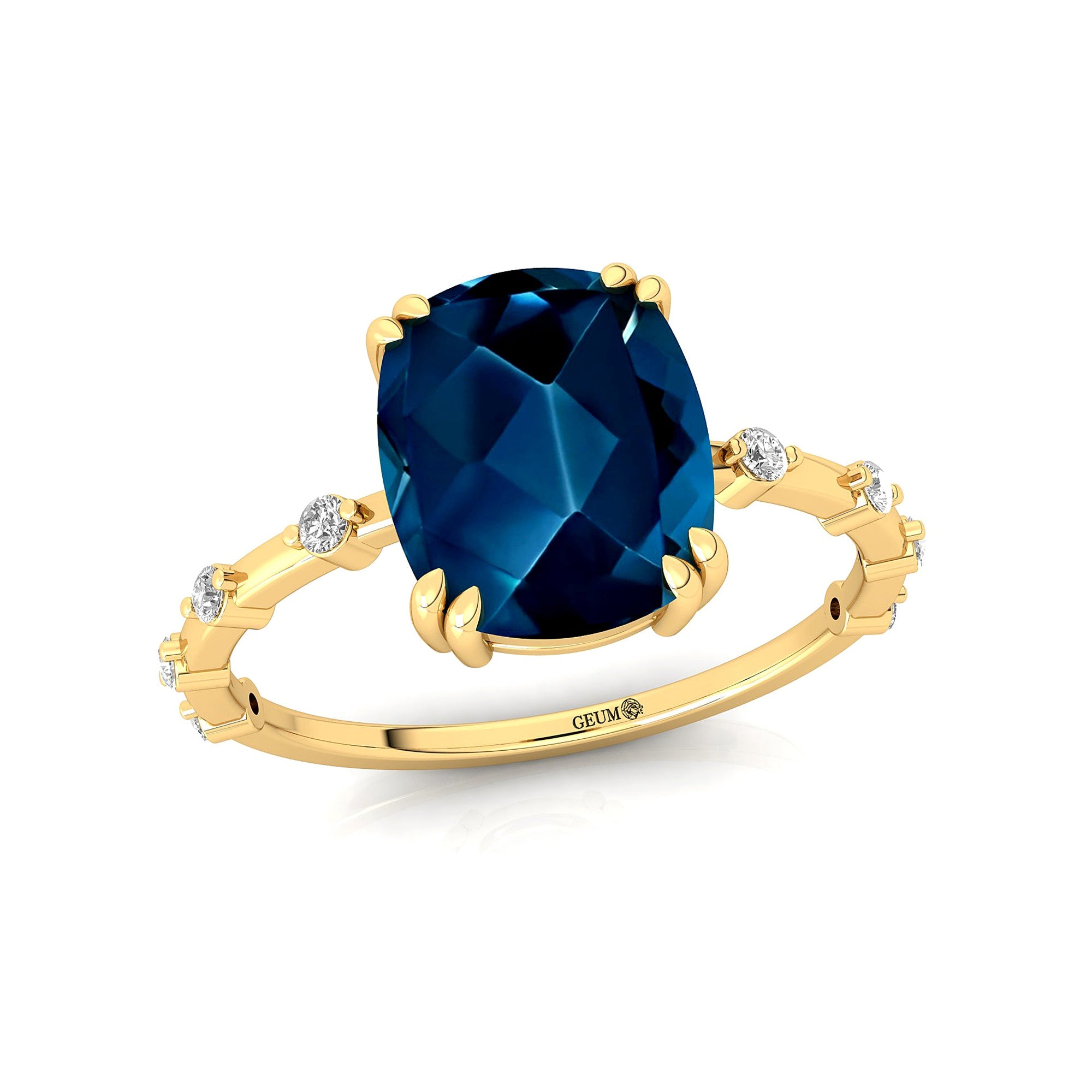 Cushion Cut London Blue Topaz Engagement Ring with Distant Diamond Band - GeumJewels