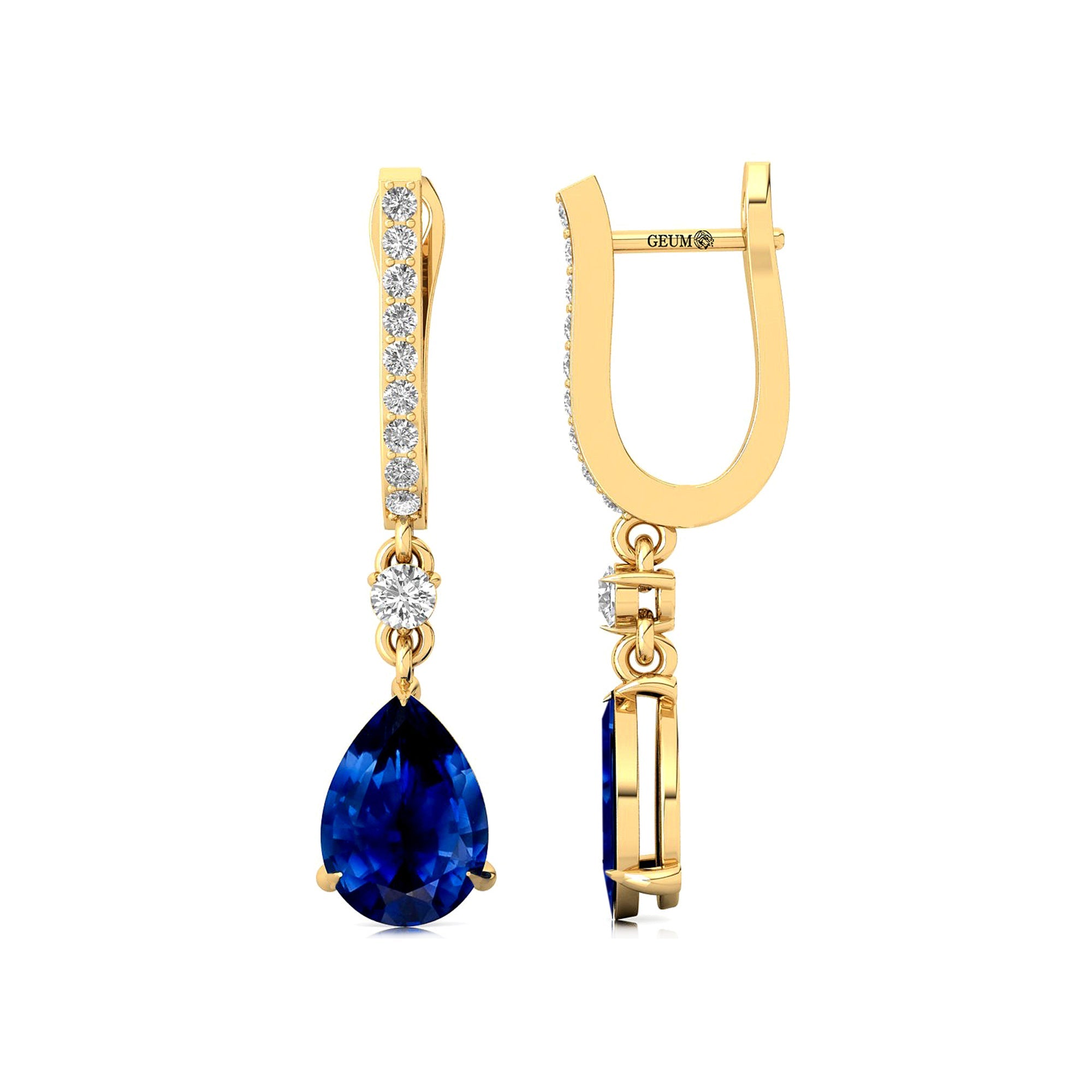 Lever Back Diamond Drop Earrings with Pear Cut Blue Sapphire - GeumJewels