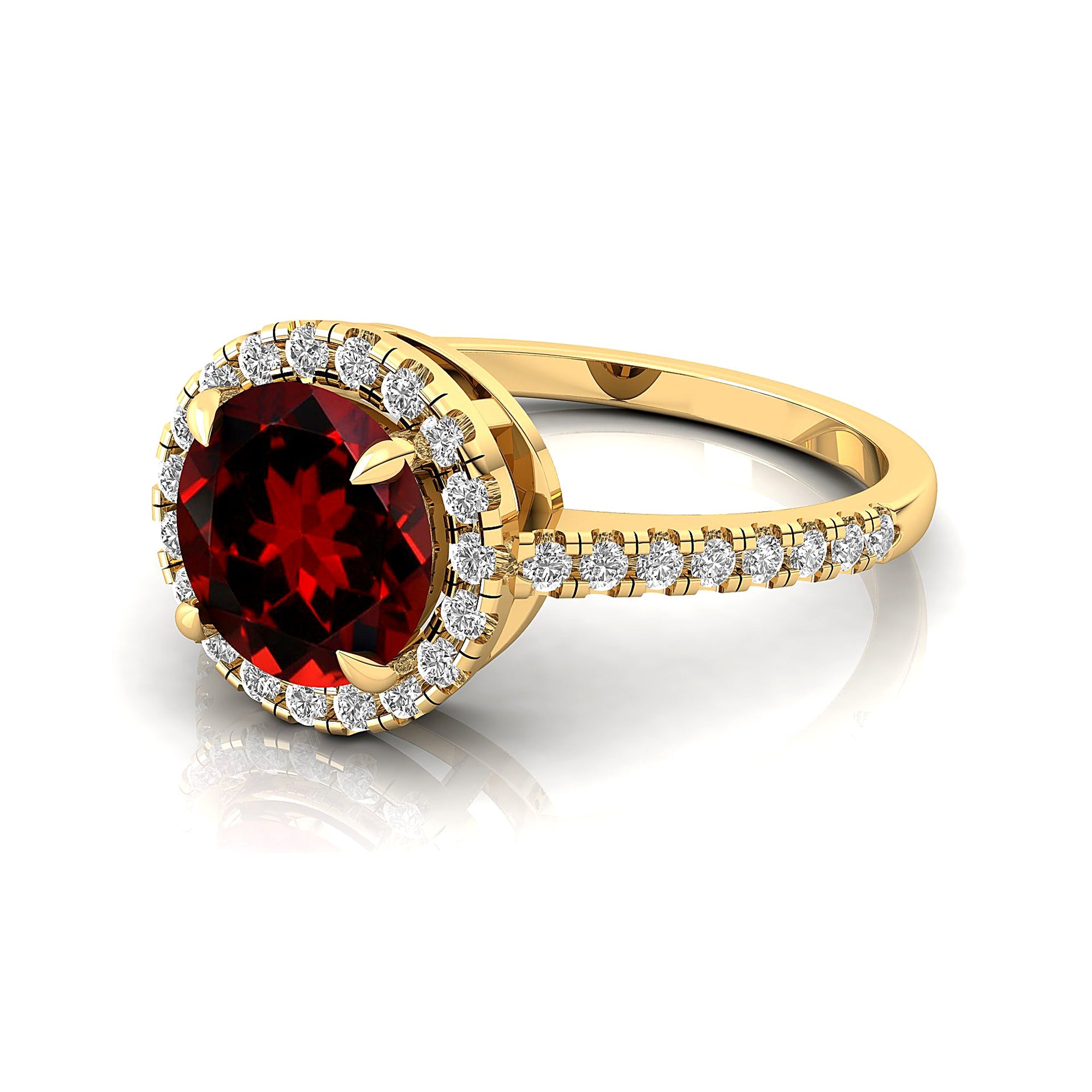 Classic Round Halo Diamonds with Solitaire Garnet Engagement Ring - GeumJewels