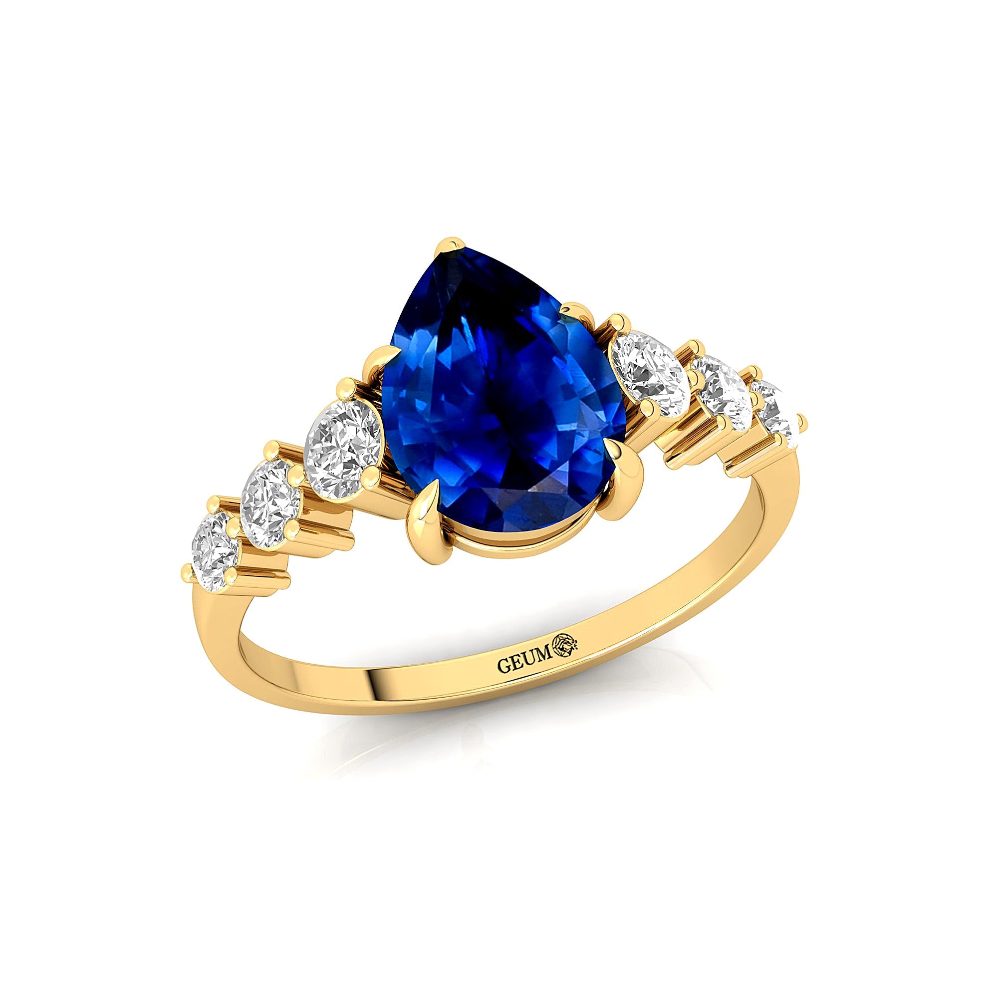 Pear Cut Blue Sapphire with Graduated Diamonds Ring - GeumJewels
