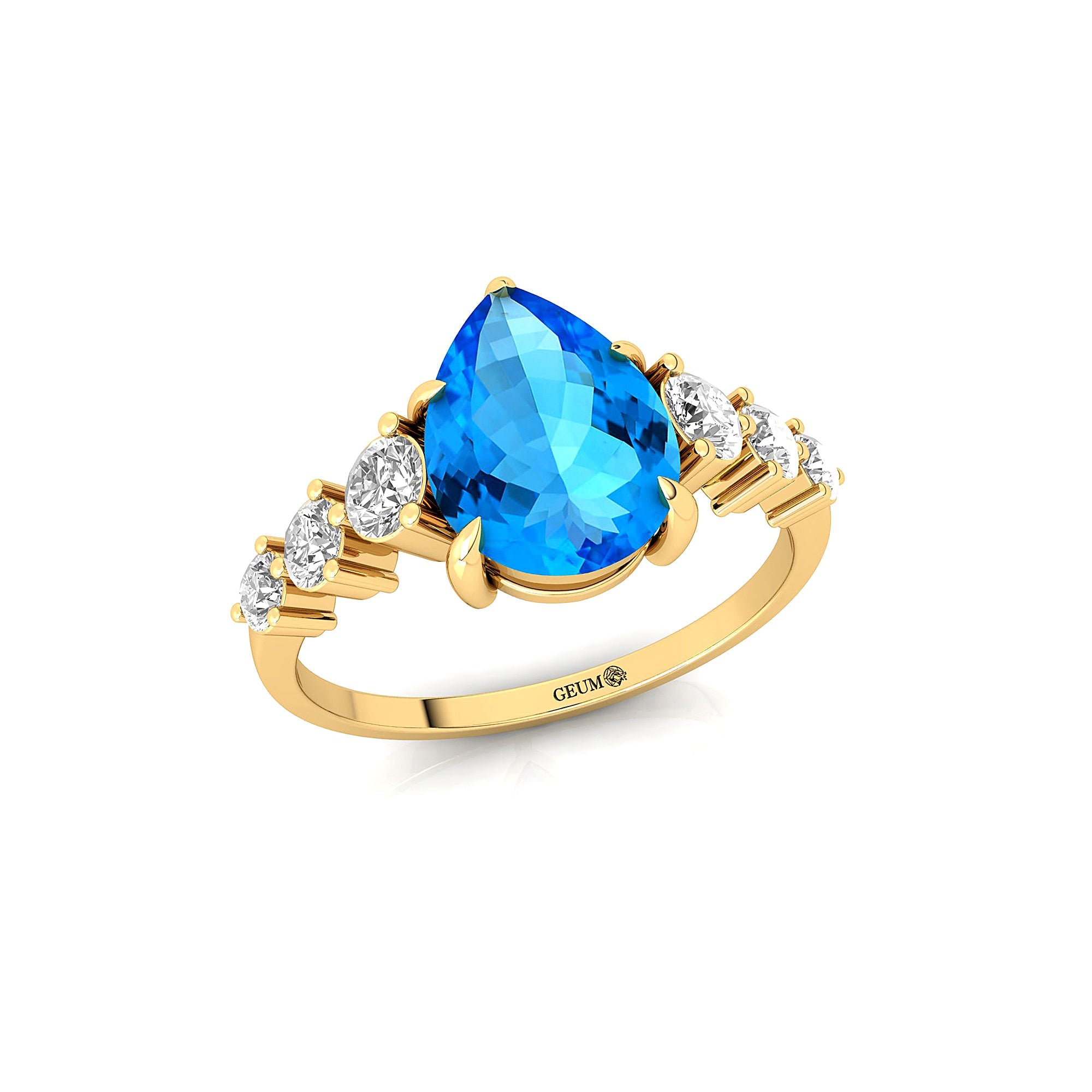 Pear Cut Swiss Blue Topaz with Graduated Diamonds Ring - GeumJewels