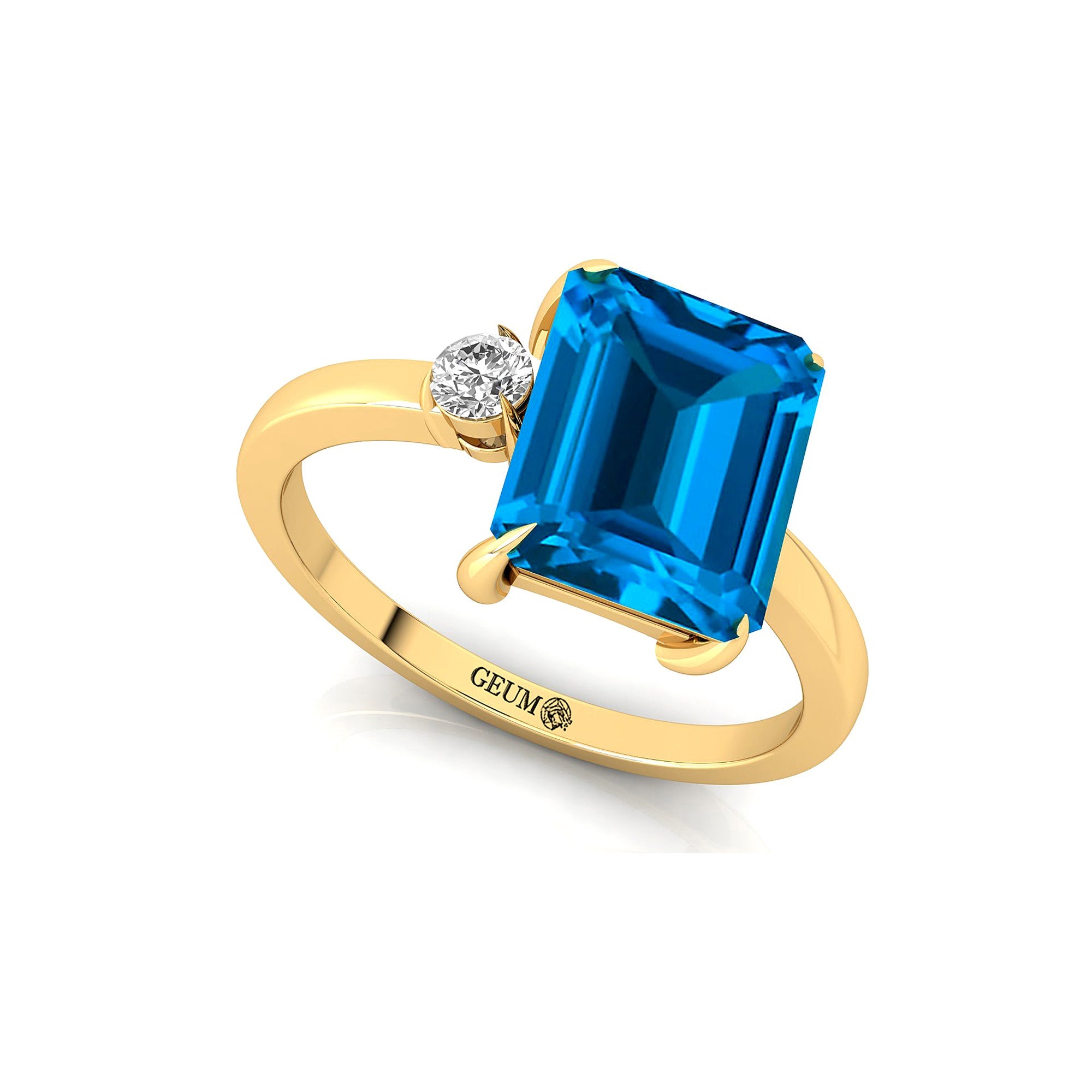 Emerald Shaped Swiss Blue Topaz with 3mm Accent Solitaire Engagement Ring - GeumJewels