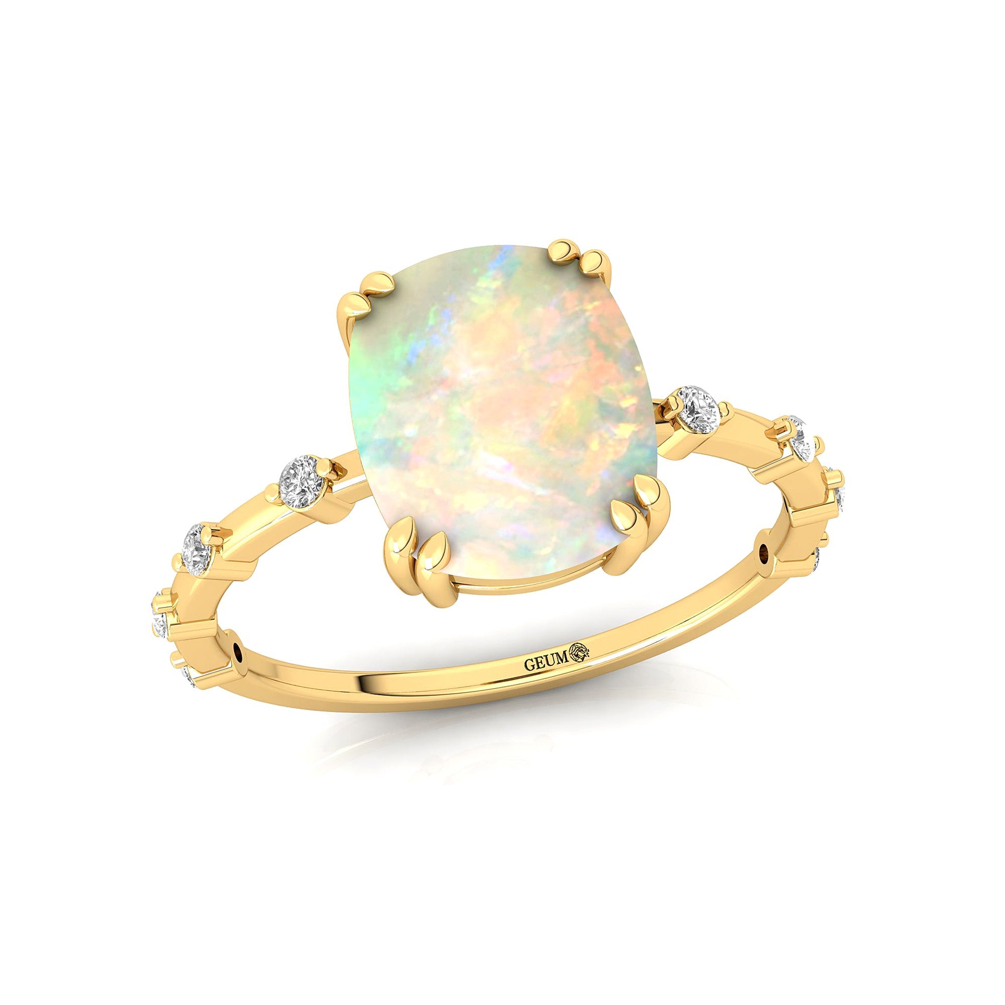 Cushion Cut Opal Engagement Ring with Distant Diamond Band - GeumJewels