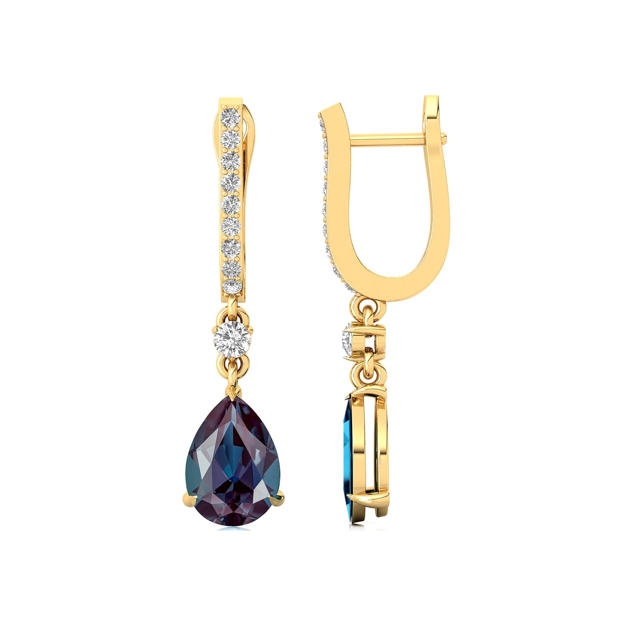 Lever Back Diamond Drop Earrings with Pear Cut Alexandrite - GeumJewels