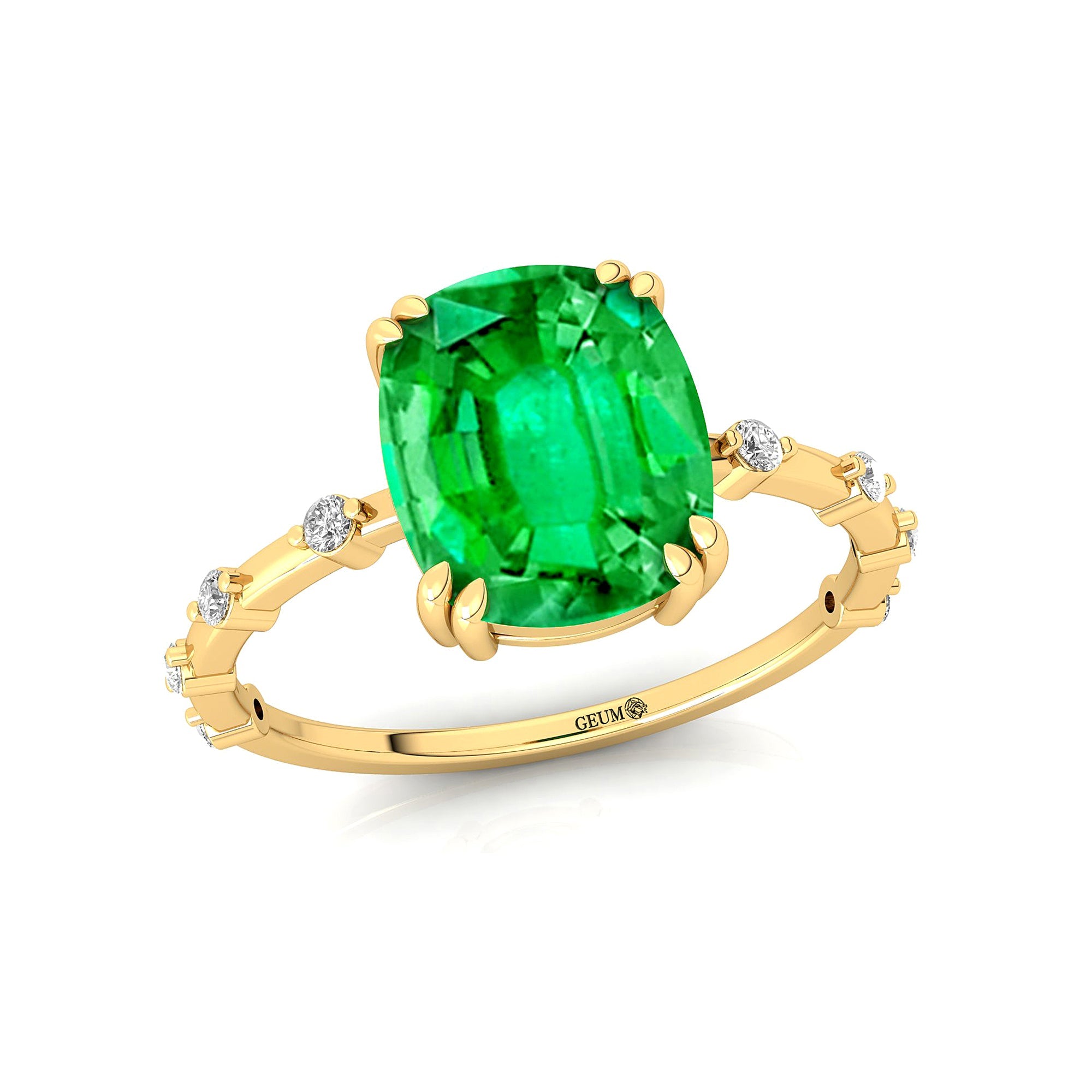 Cushion Cut Emerald Engagement Ring with Distant Diamond Band - GeumJewels