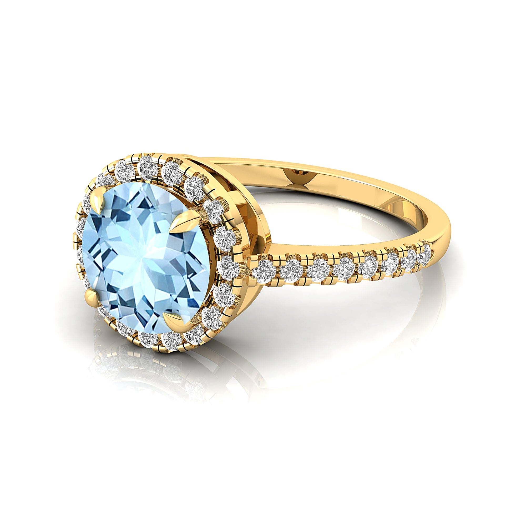 Classic Round Halo Diamonds with Solitaire Aquamarine Engagement Ring - GeumJewels