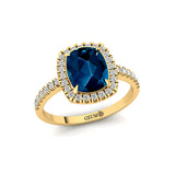 Elongated Cushion Halo Set London Blue Topaz Engagement Ring with Diamond Band - GeumJewels