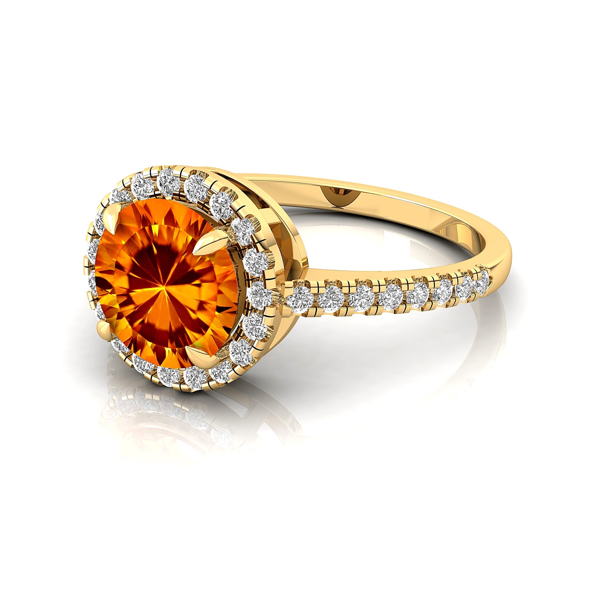 Classic Round Halo Diamonds with Solitaire Citrine Engagement Ring - GeumJewels