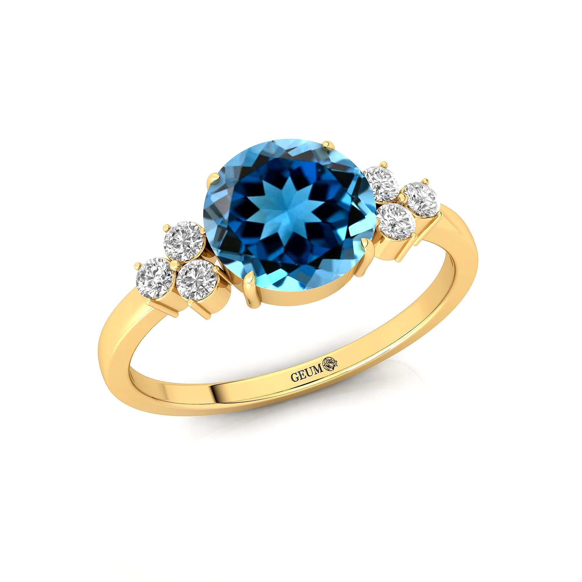 Trio Diamond Engagement Ring with Round Solitaire London Blue Topaz - GeumJewels