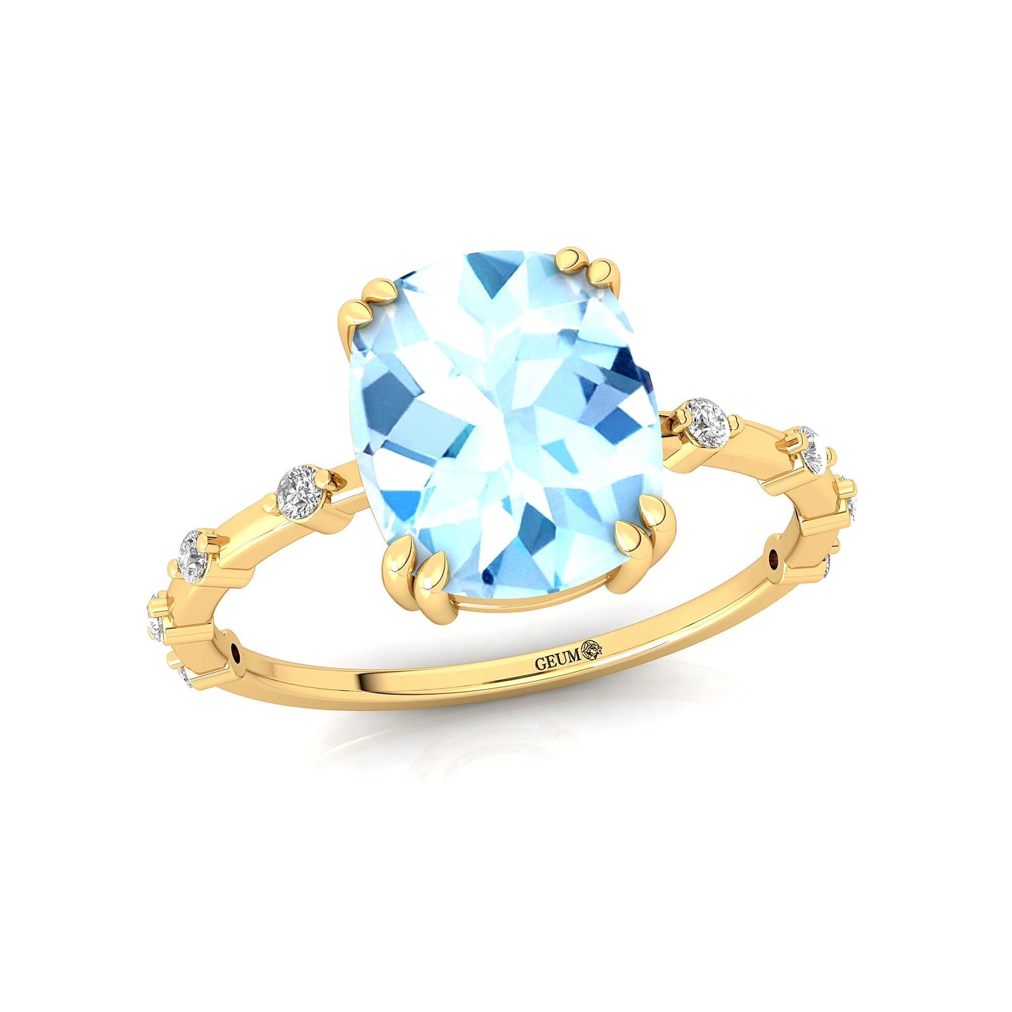 Cushion Cut Aquamarine Engagement Ring with Distant Diamond Band - GeumJewels