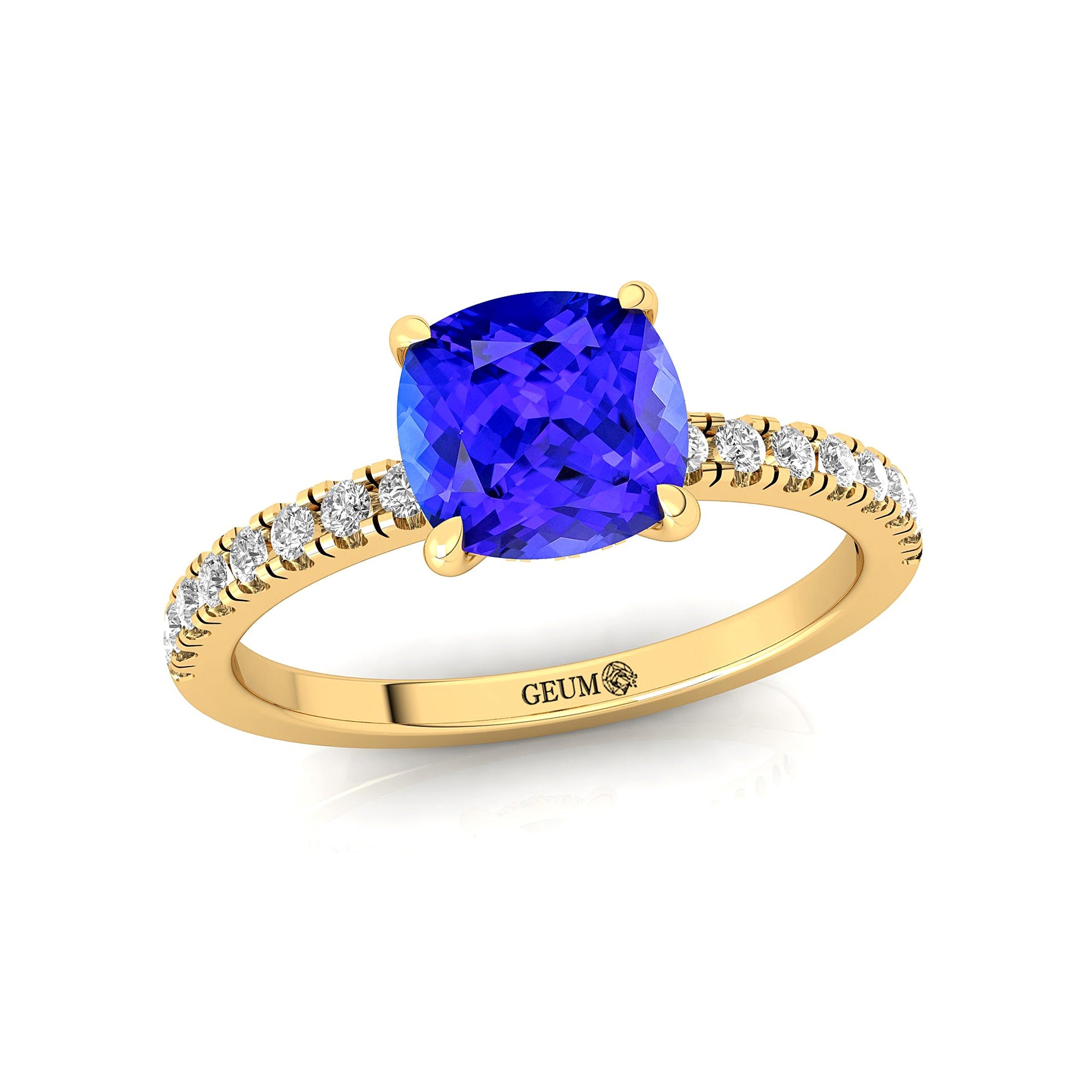 Tanzanite Square Cushion Under Halo Diamonds Thin Ring with Diamond Band - GeumJewels